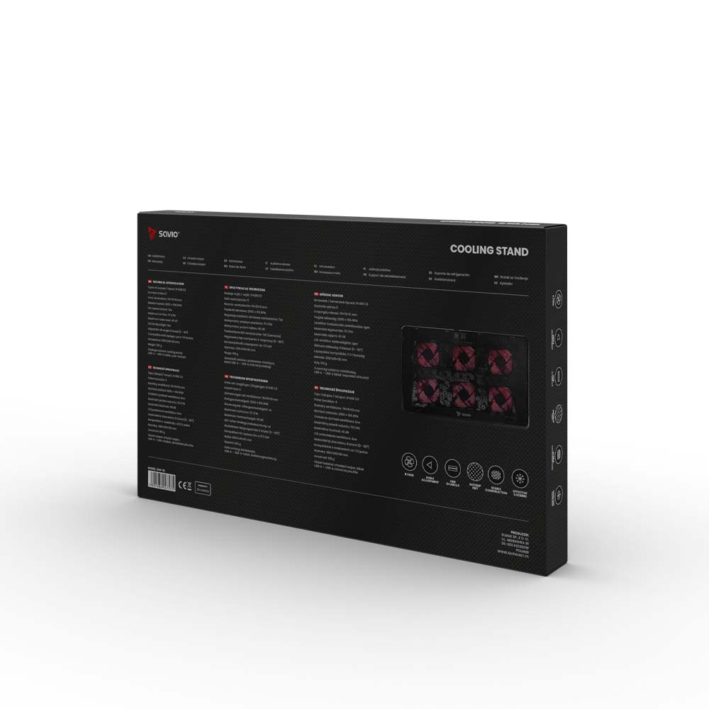 Czarne pudełko ze zdjęciem podkładki chłodzącej z czerwonymi wentylatorami na białym tle.