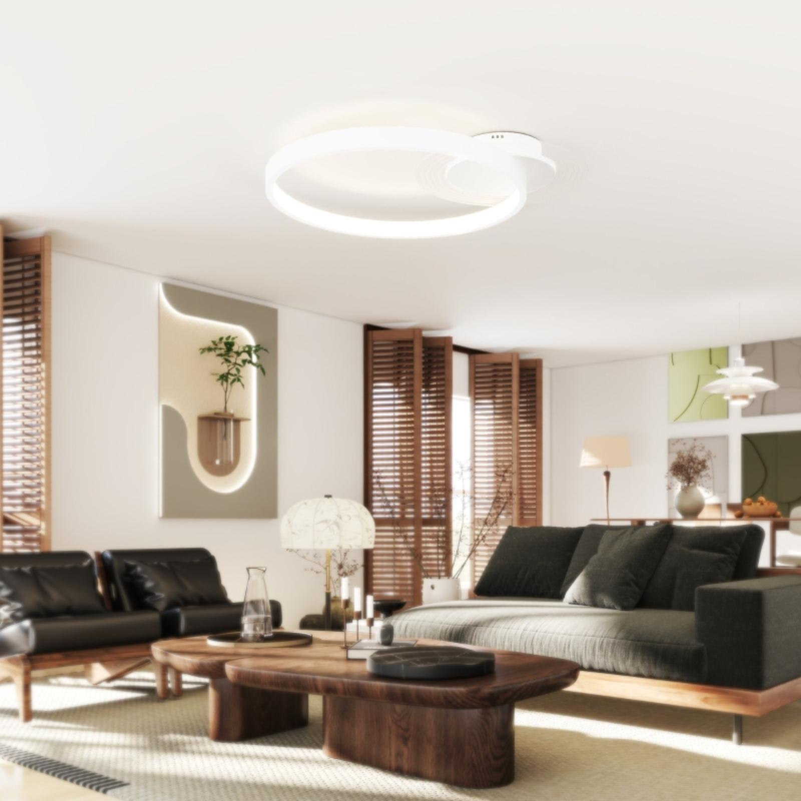 Ein modernes Wohnzimmer mit Deckenleuchte, Sofa und Couchtisch.