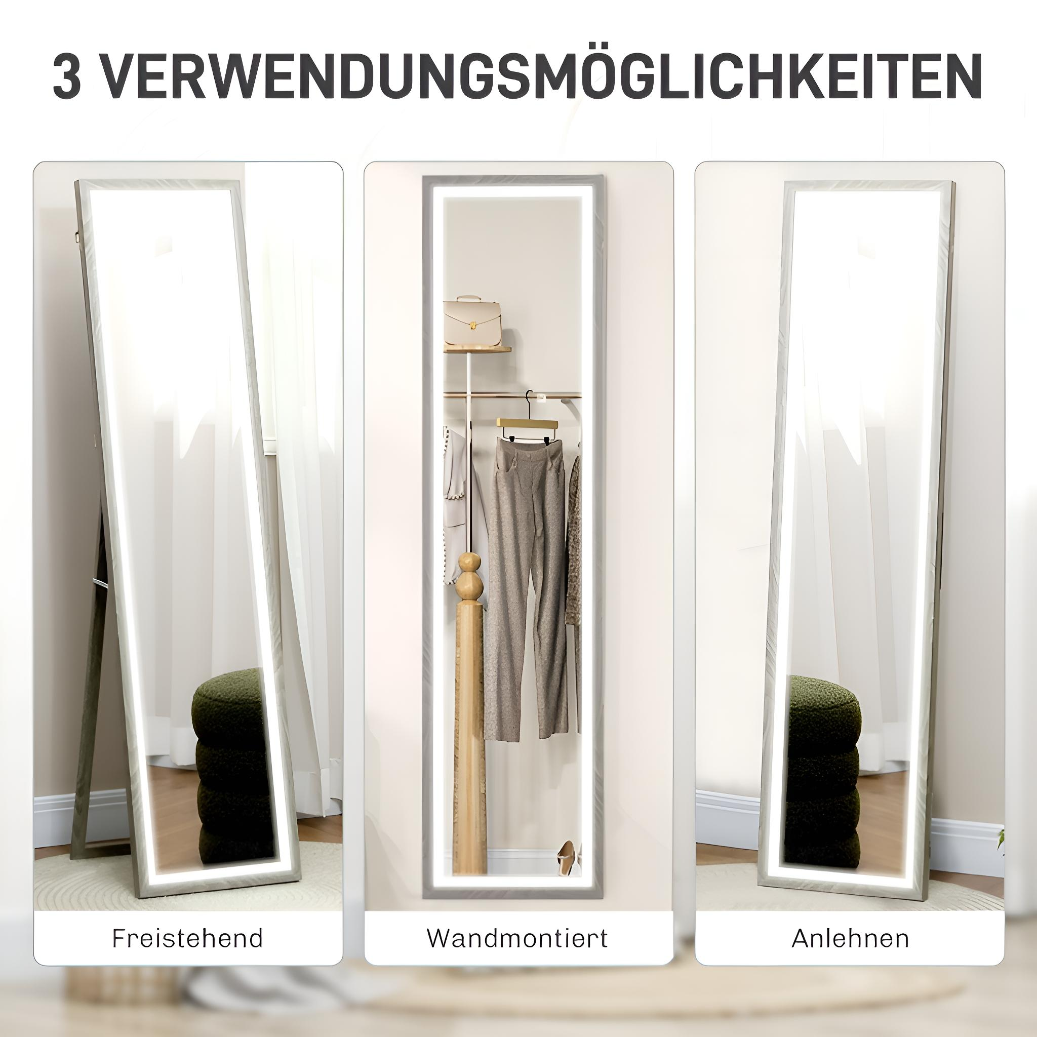 Drei Spiegel mit Lichtern an den Rändern. Jeder Spiegel zeigt eine andere Nutzungsart.