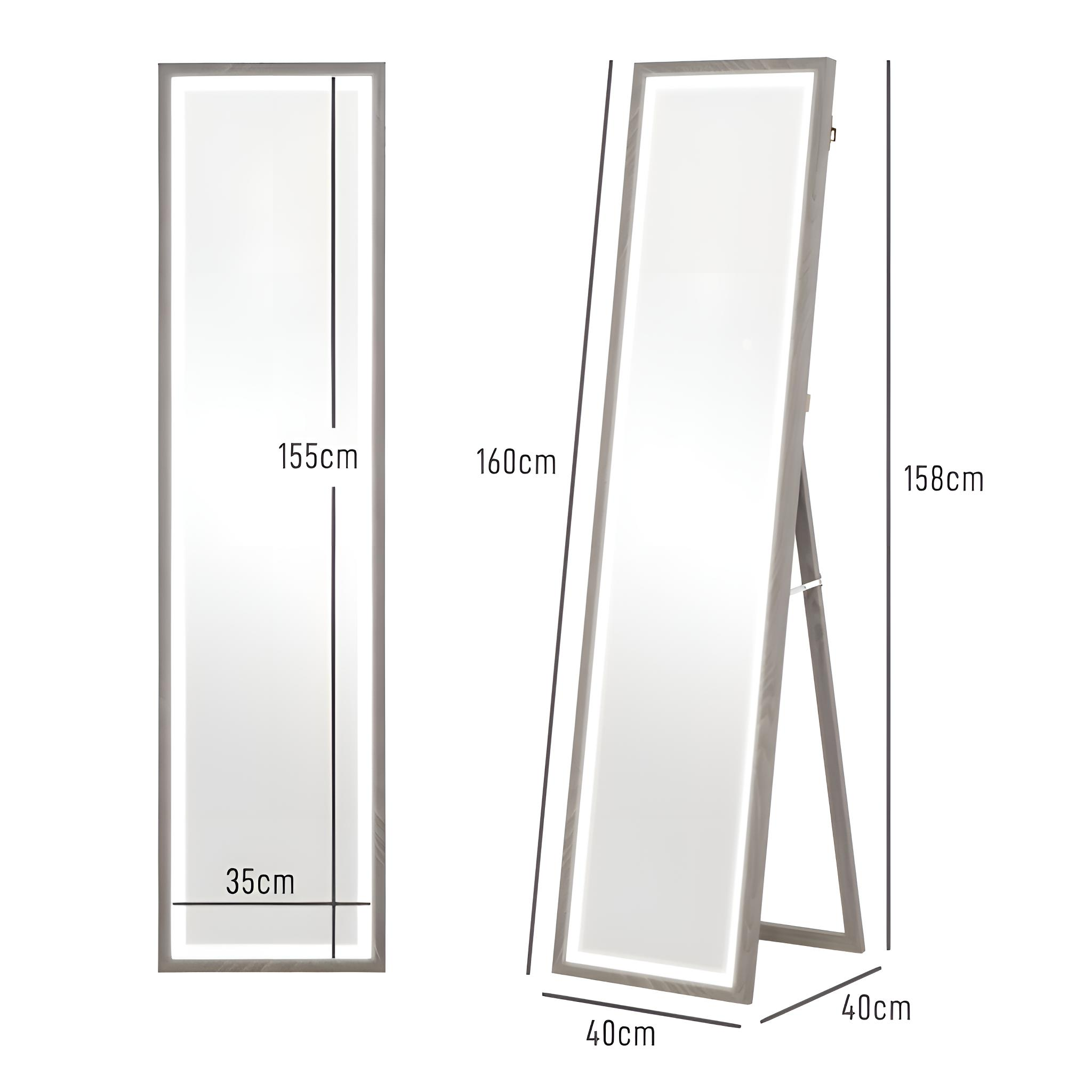 Diagramme mit Abmessungen eines Ganzkörperspiegels: Höhe 155-158 cm, Breite 35-40 cm.