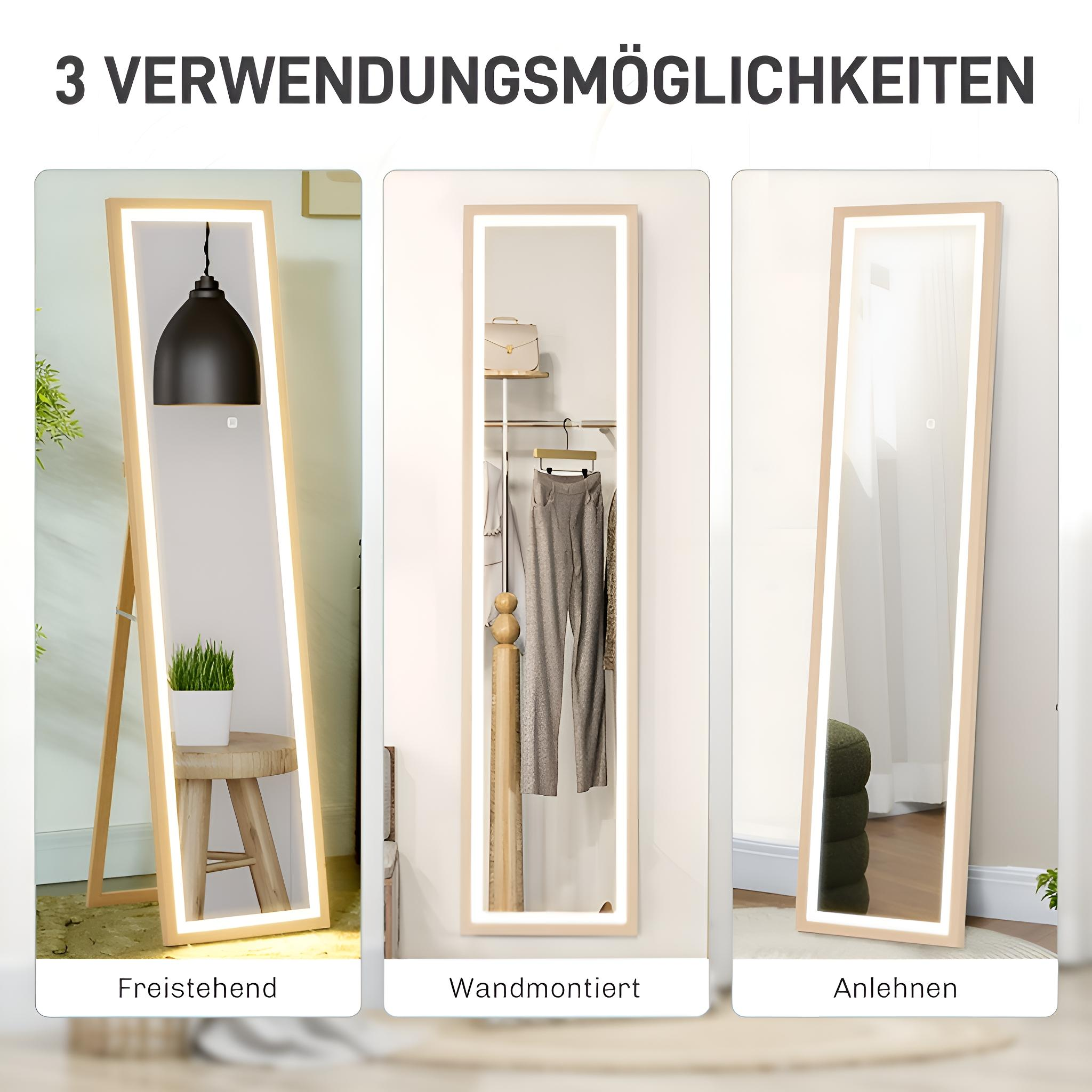 Drei Spiegel in verschiedenen Aufbauten: freistehend, wandmontiert und anlehnend.