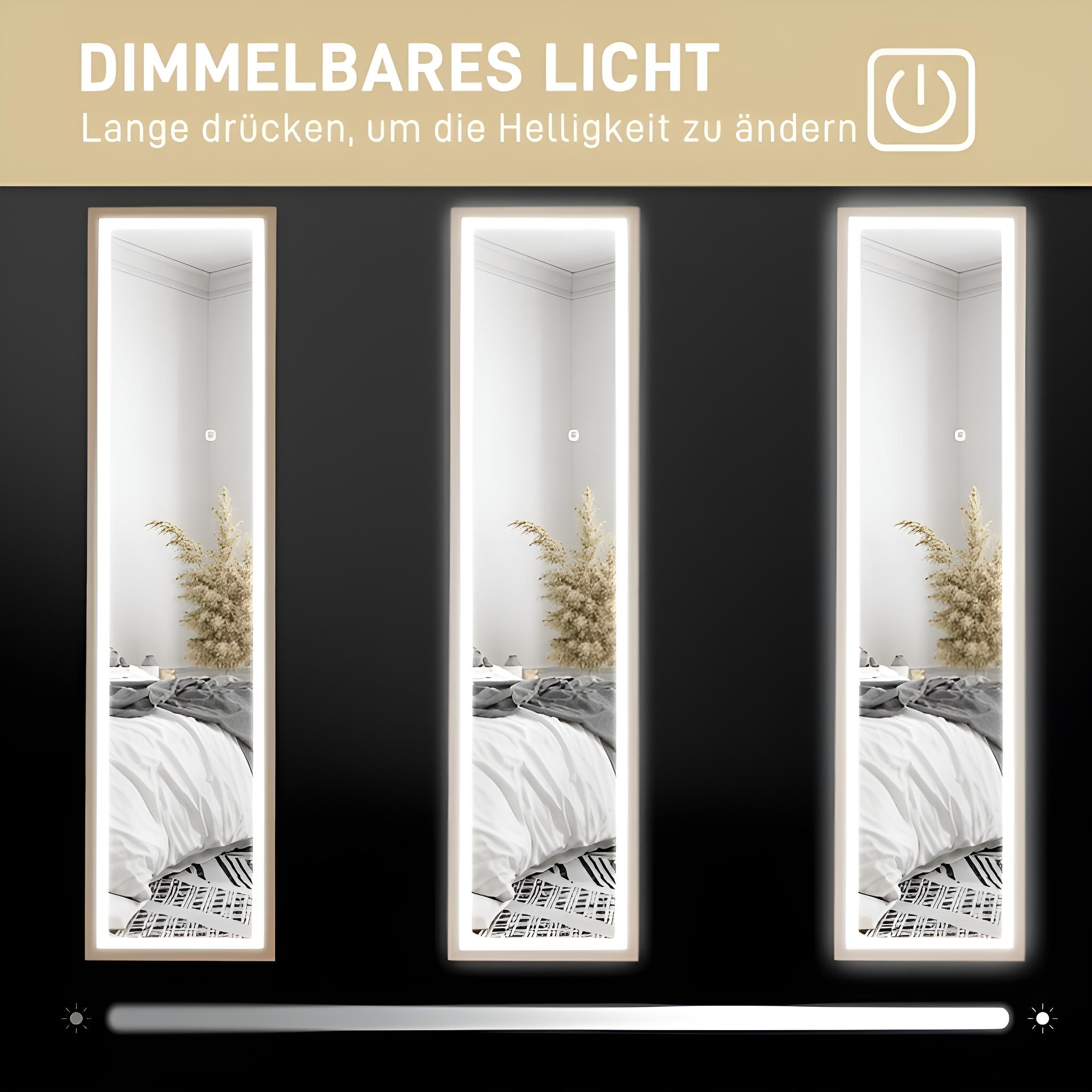 Drei beleuchtete Ganzkörperspiegel. Das Bild zeigt, wie man die Helligkeit einstellt. Einstellung: gedämpftes Licht.
