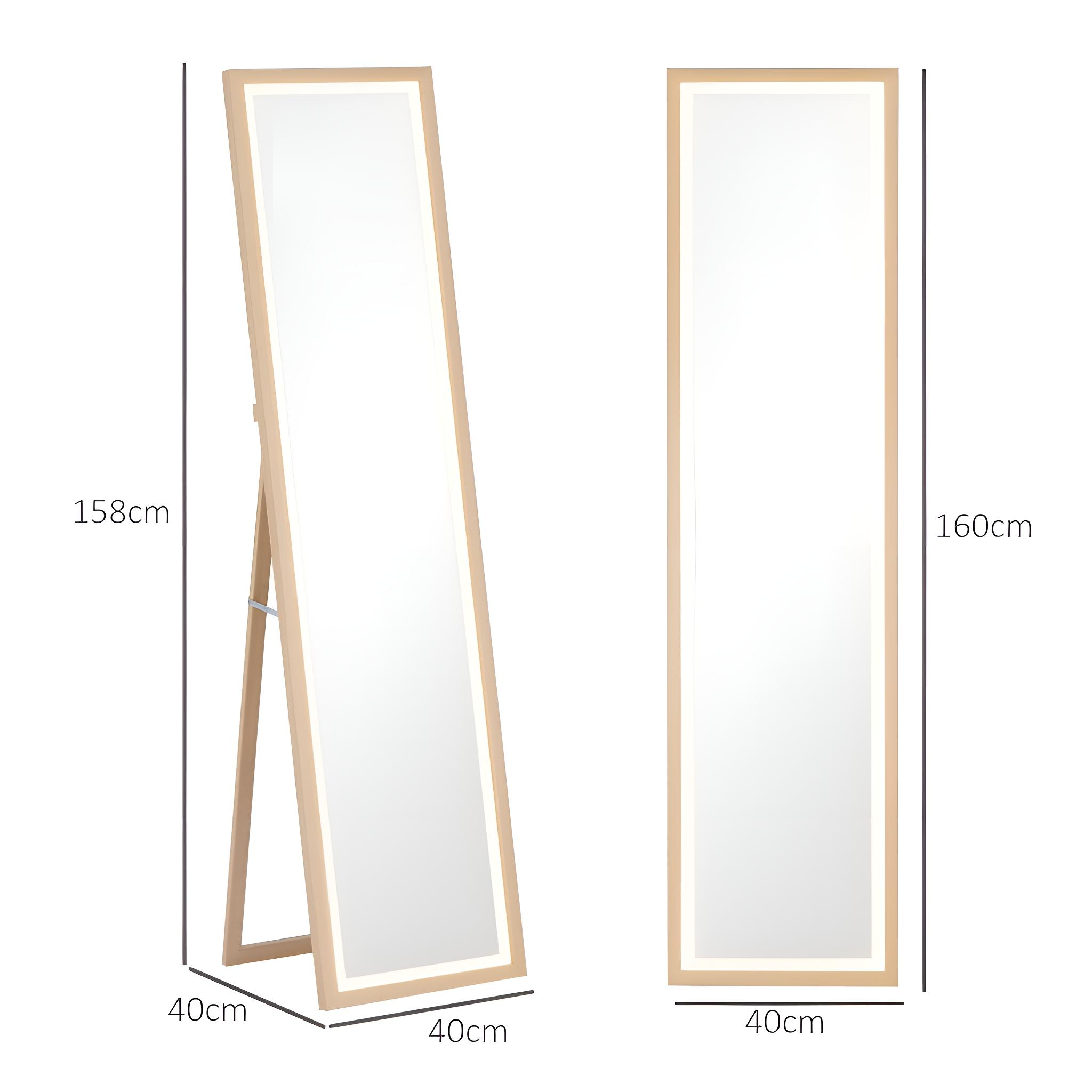 Abmessungen eines Ganzkörperspiegels. Zeigt Höhe (158 cm und 160 cm) und Breiten (40 cm) Messungen.