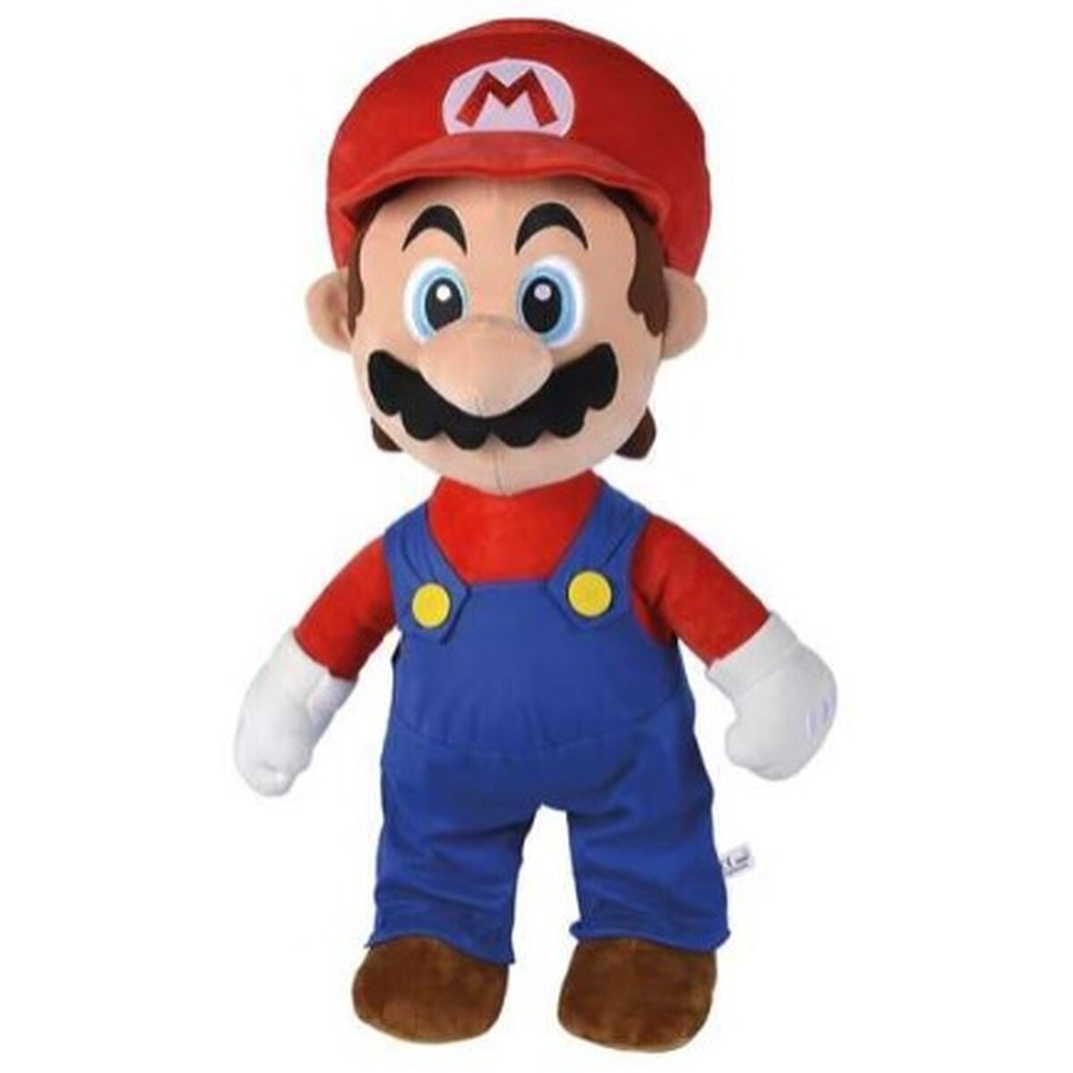 Mario-Plüschtier mit roter Mütze, blauen Overalls und Schnurrbart. Steht in neutraler Pose.