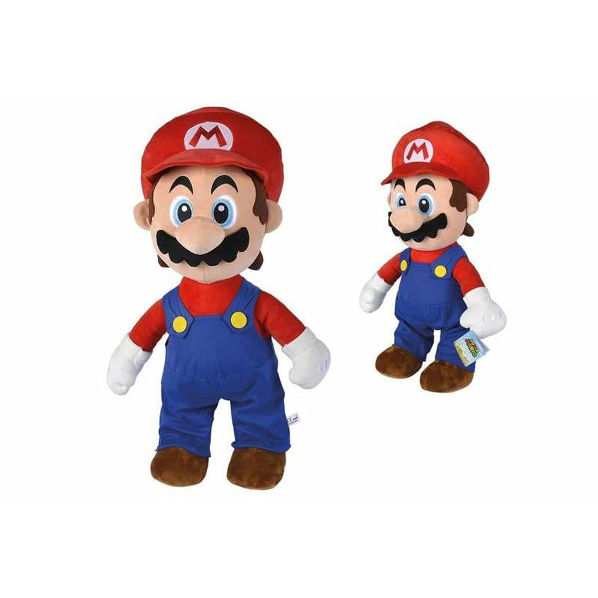 Zwei Mario-Plüschtiere. Eines steht, das andere ist leicht dahinter. Beide haben rote Mützen und blaue Overalls.