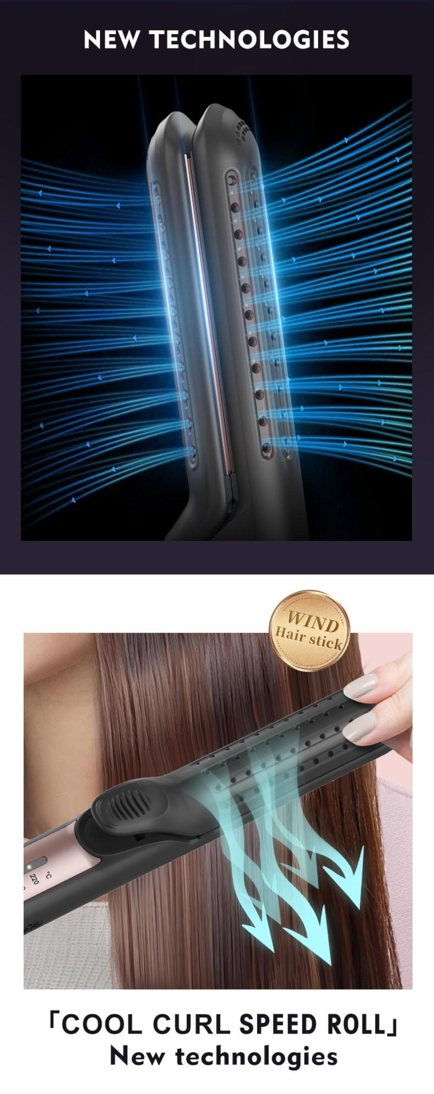 Bilder, die neue Technologien in einem Haarglätter zeigen. Blaue Linien zeigen den Luftstrom, und eine Hand benutzt das Gerät.