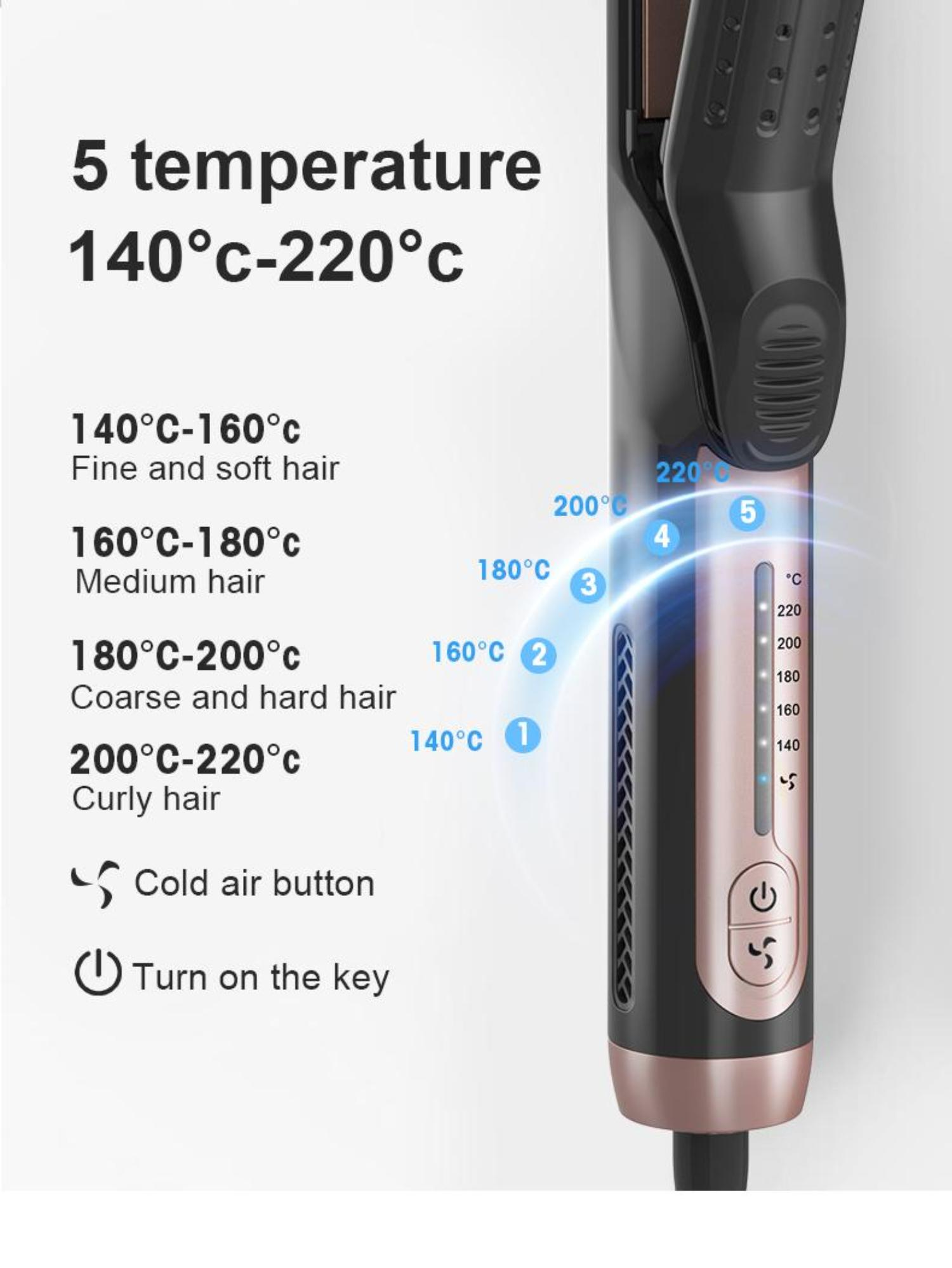 Ein Haarglätter mit Temperatureinstellungen, gekennzeichnet von 140°C bis 220°C, mit einer Kaltlufttaste.