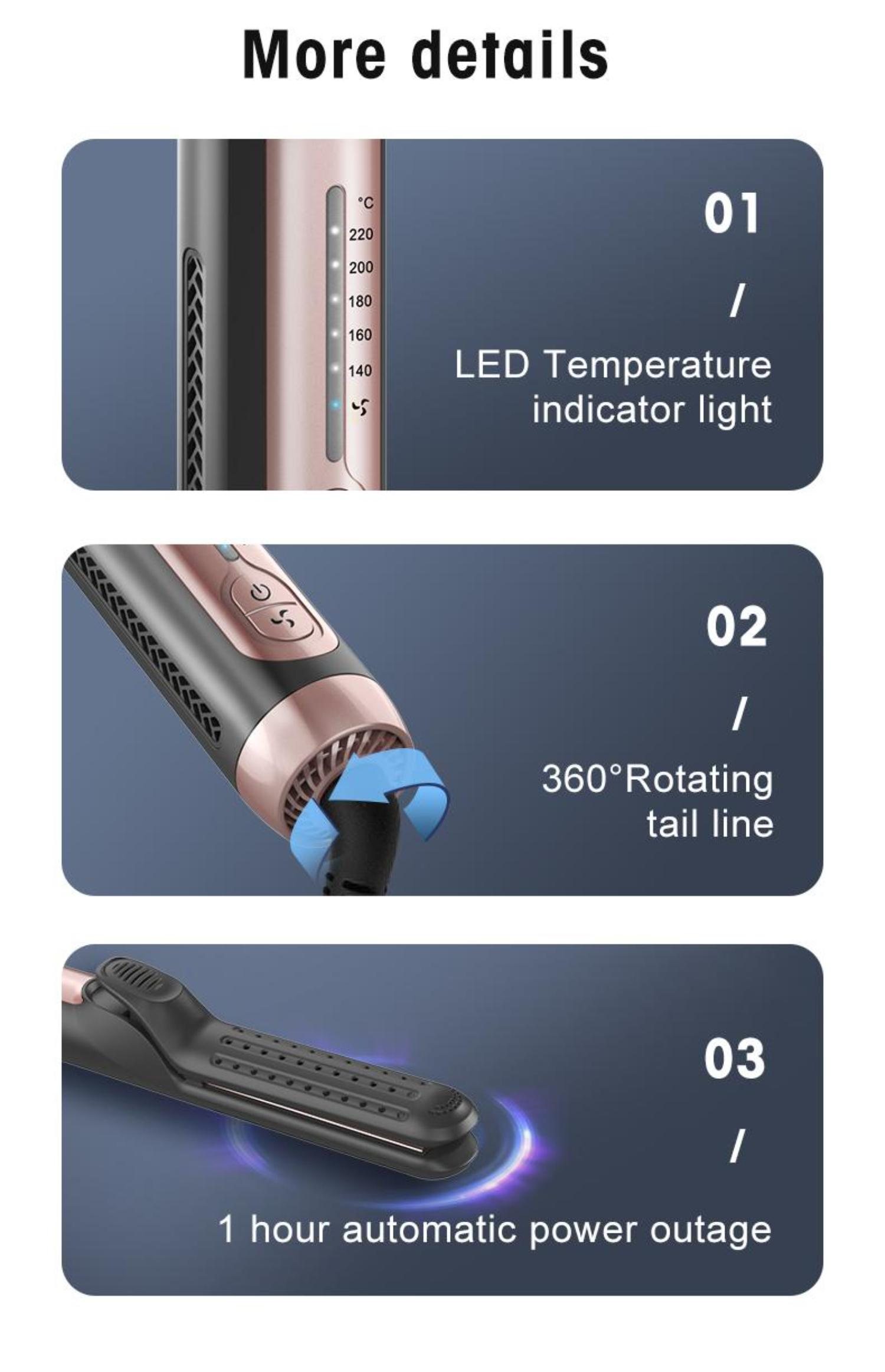 Nahaufnahmen von Details eines Haarstyling-Tools. Zeigt Temperaturregler, rotierende Schwanzleitung und automatische Stromausfall.