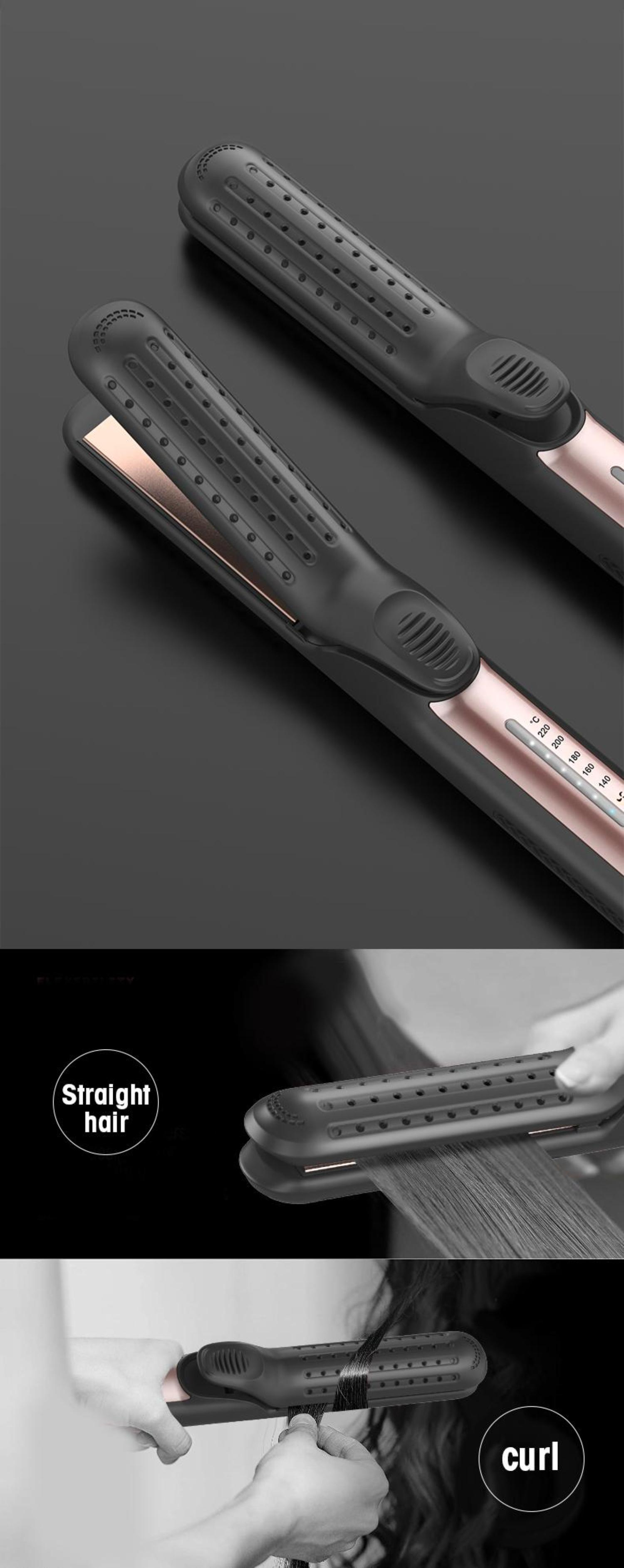Haarglätter in Schwarz und Roségold. Das Gerät wird in verschiedenen Ansichten gezeigt. Das Gerät wird zum Glätten und Locken von Haaren verwendet.