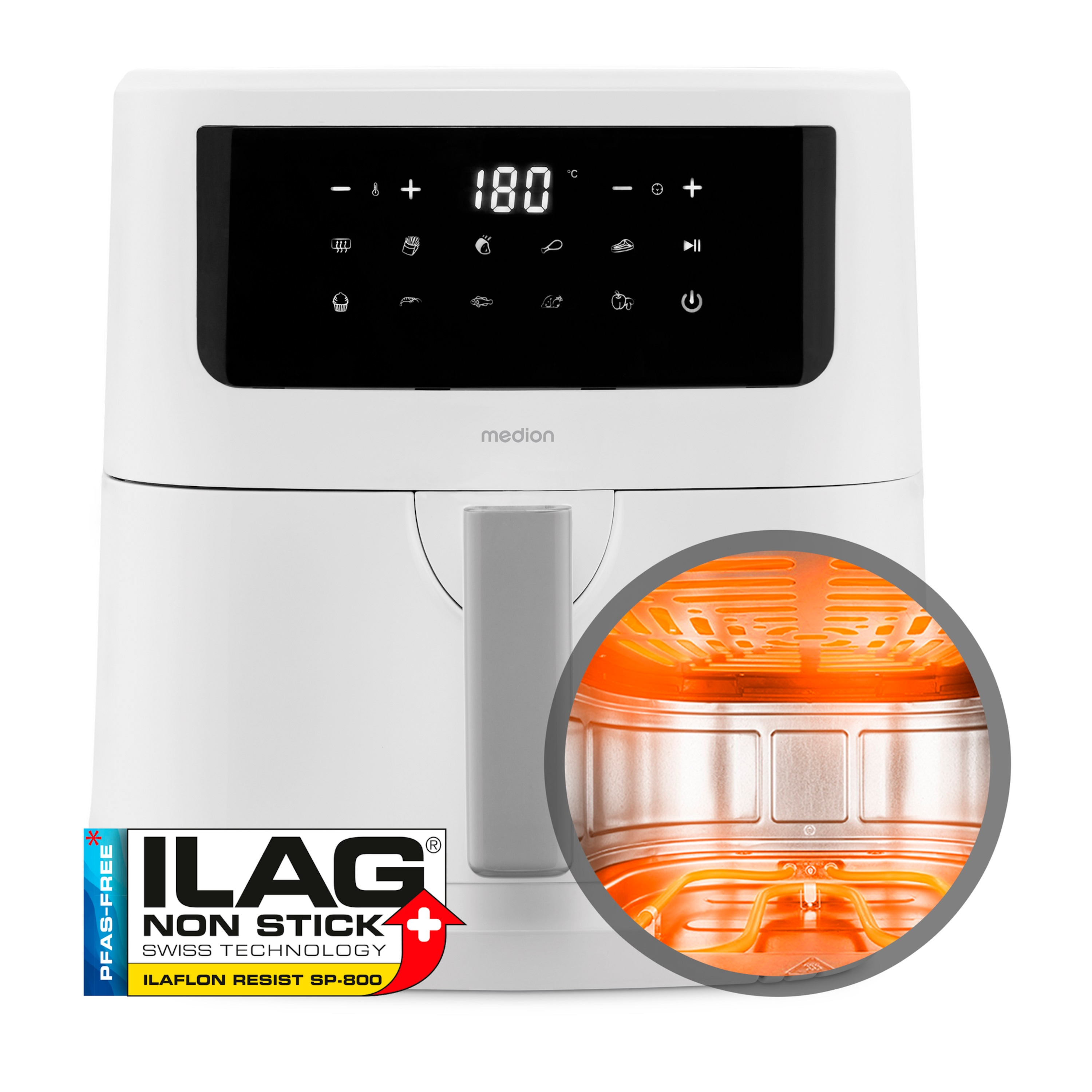 Witte airfryer met een zwart display. Een close-up toont de binnenkant en het ILAG anti-aanbaklabel in de hoek.