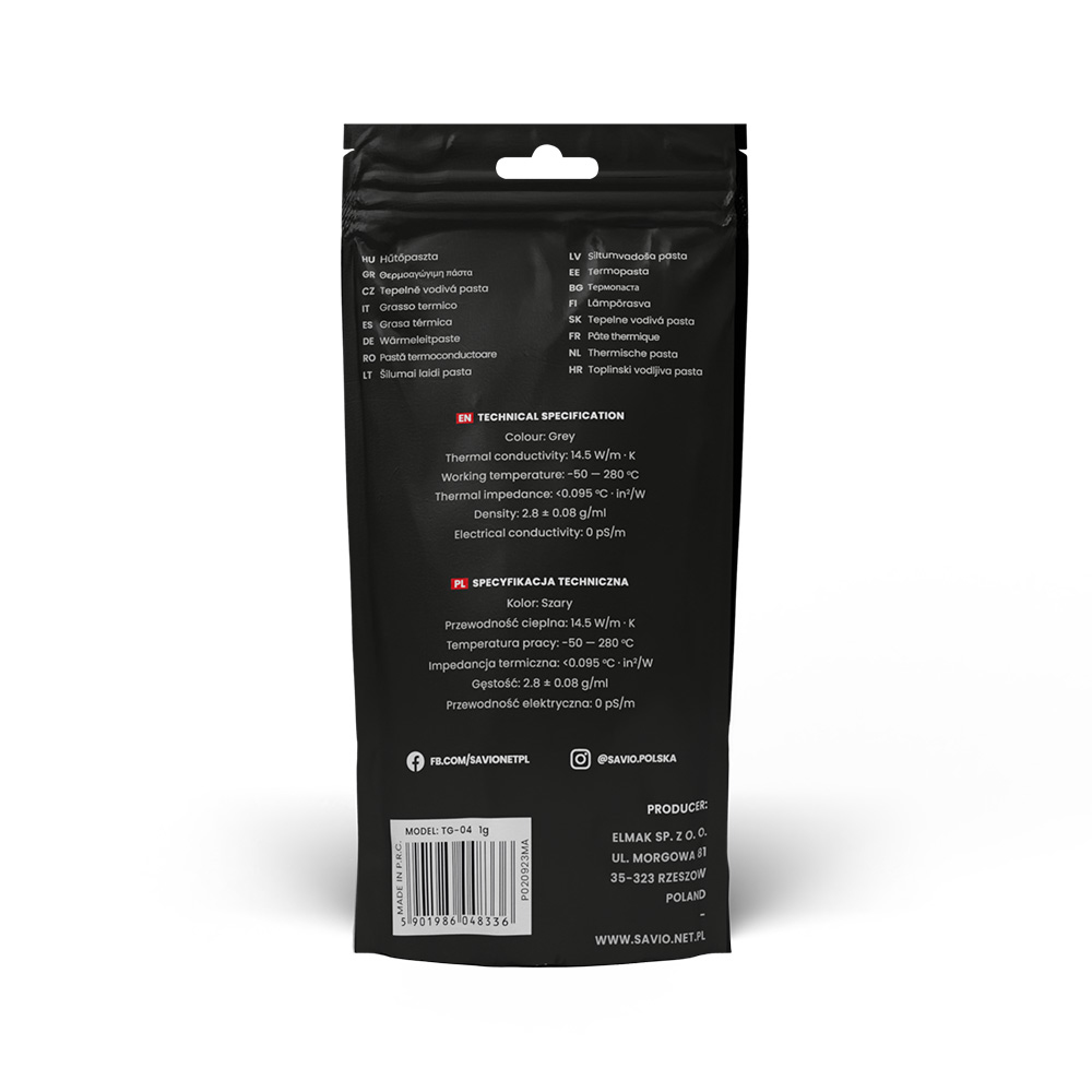 Czarny i szary pakiet z tekstem w wielu językach, w tym specyfikacjami technicznymi.