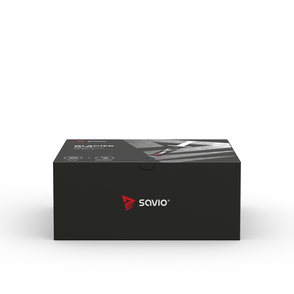 Czarne pudełko z czerwonym logo Savio i napisem Glacier na białym tle.