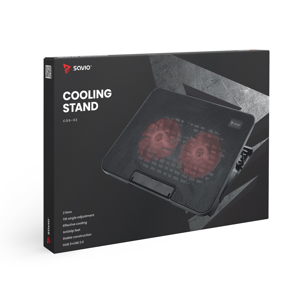 Pudełko produktu dla podstawki chłodzącej do laptopa. Pudełko jest czarne i pokazuje podstawkę.