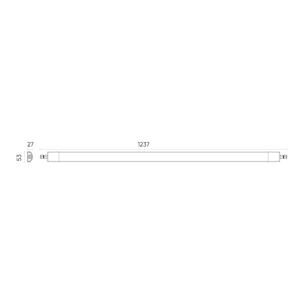 Bovenaanzicht van een dunne, rechthoekige armatuur met afmetingen: 27 mm x 1237 mm x 53 mm.