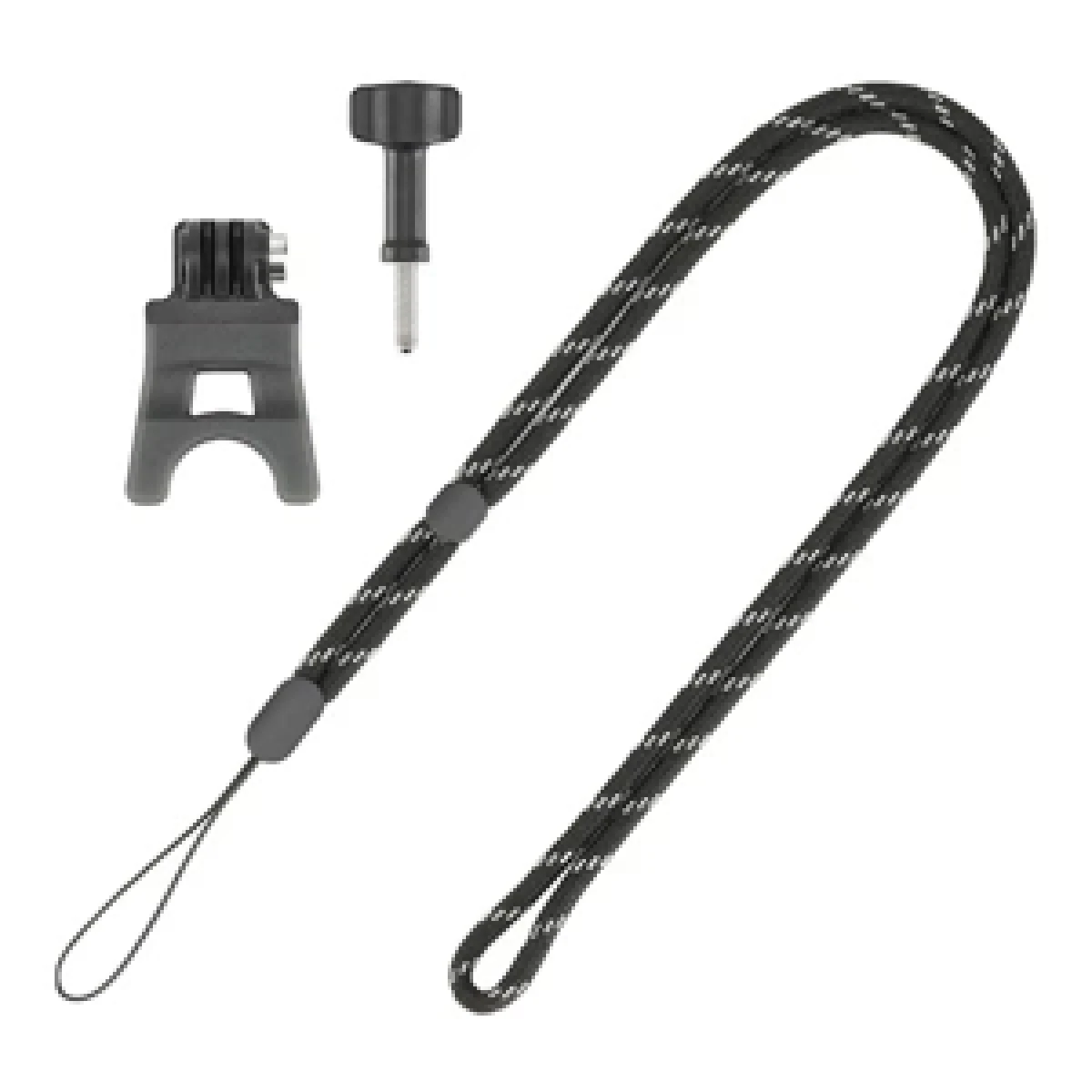 Czarno-biała smycz w paski z załącznikami. Mały uchwyt, śruba i wspornik.