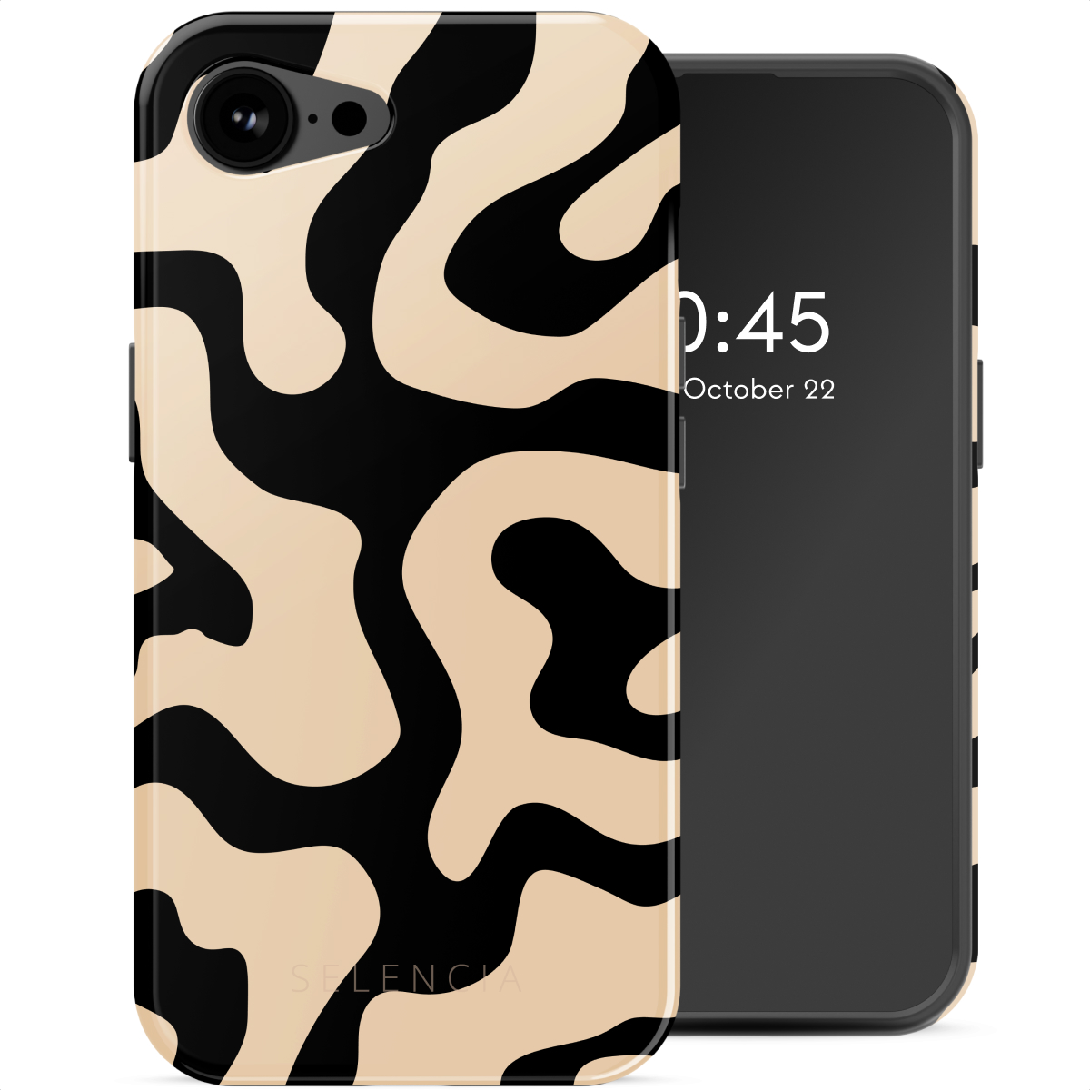 Un téléphone avec une coque à motifs ondulés noirs et beiges. Le téléphone affiche l'heure et la date.