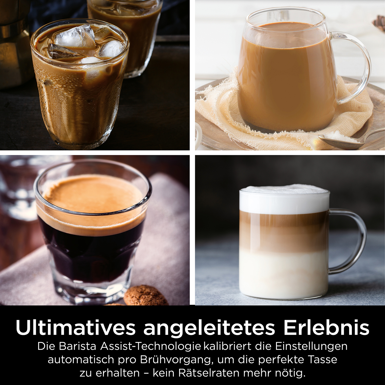 Cztery zdjęcia napojów kawowych: kawa mrożona, kawa z mlekiem, espresso i latte. Tekst na dole brzmi: Najlepsze doświadczenie z przewodnikiem.