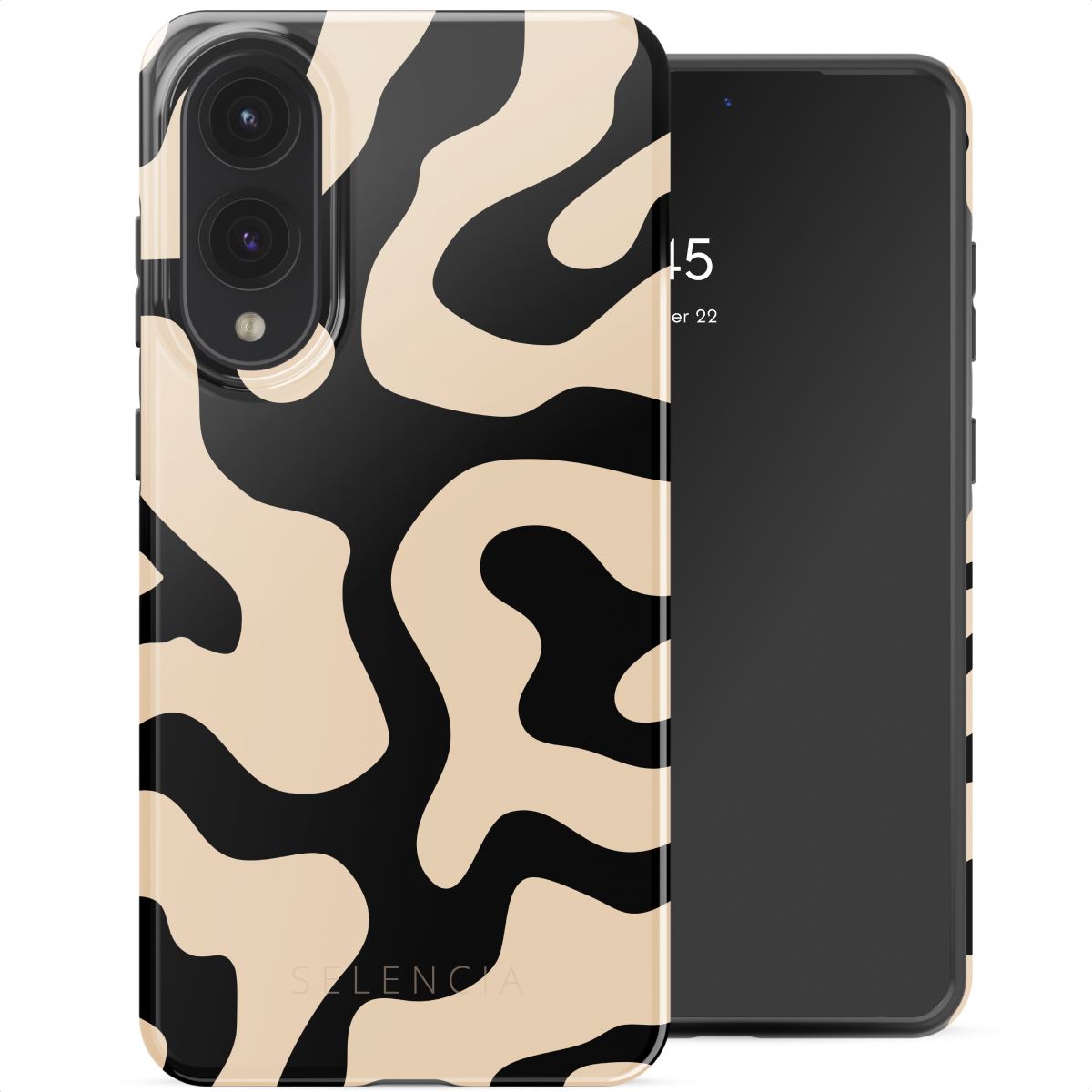Un téléphone avec une coque à motifs ondulés noirs et beiges et un écran noir. Le téléphone possède trois caméras.