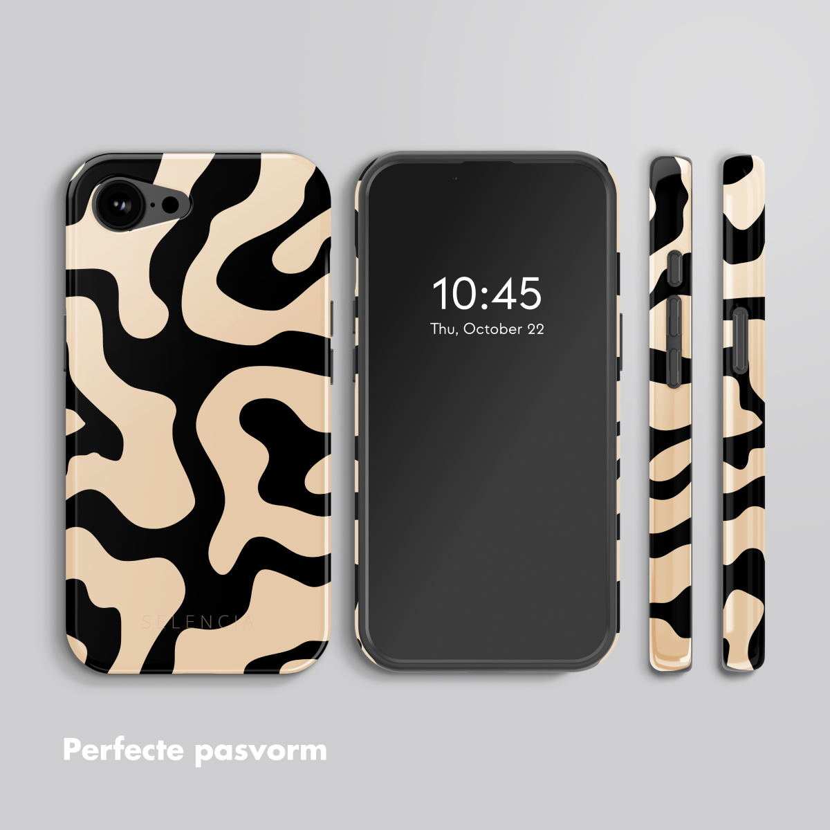 Un téléphone avec une coque à motifs ondulés noirs et beiges, ainsi que trois autres vues de la même coque.