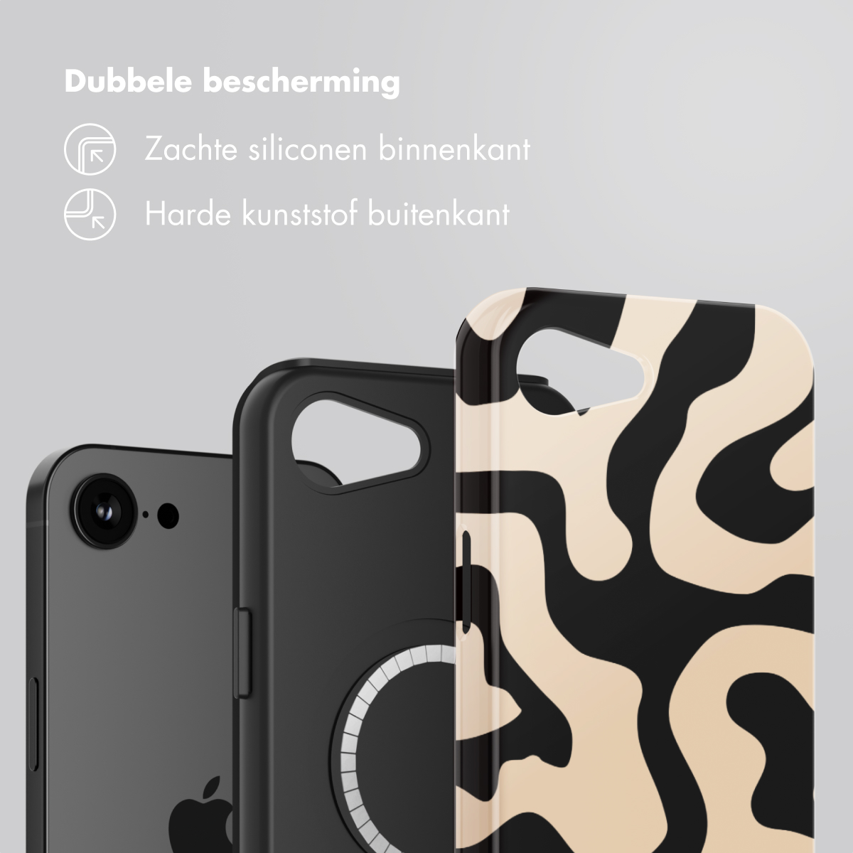 Trois étuis de téléphone avec des motifs noirs et beiges et un téléphone. Les étuis sont sur fond blanc.