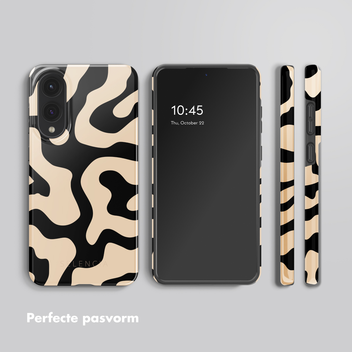 Quatre étuis de téléphone avec des motifs noirs et beiges et un téléphone. Le téléphone affiche la date et l'heure.
