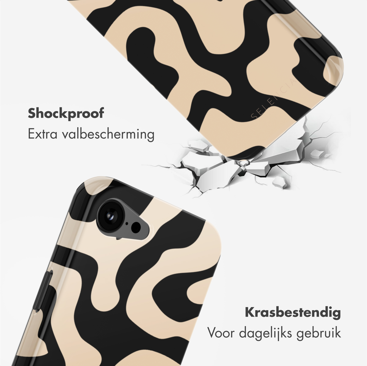 Une coque de téléphone avec un motif ondulé noir et beige, et un téléphone avec un écran noir.