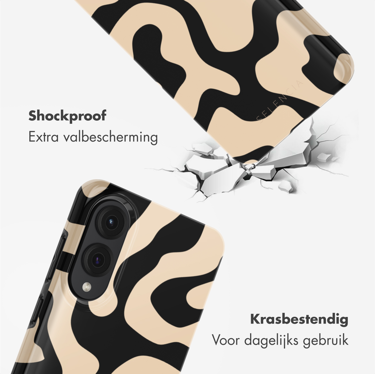Deux coques de téléphone, une avec un motif noir et beige, avec une surface fissurée.