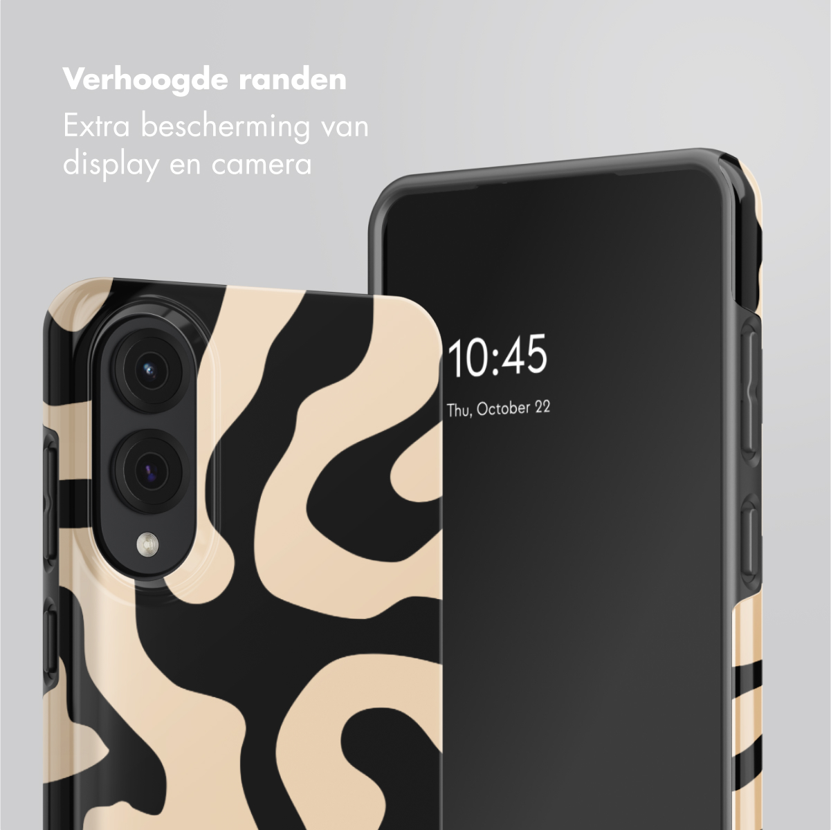 Deux coques de téléphone, une avec un motif noir et beige, affichant un écran.