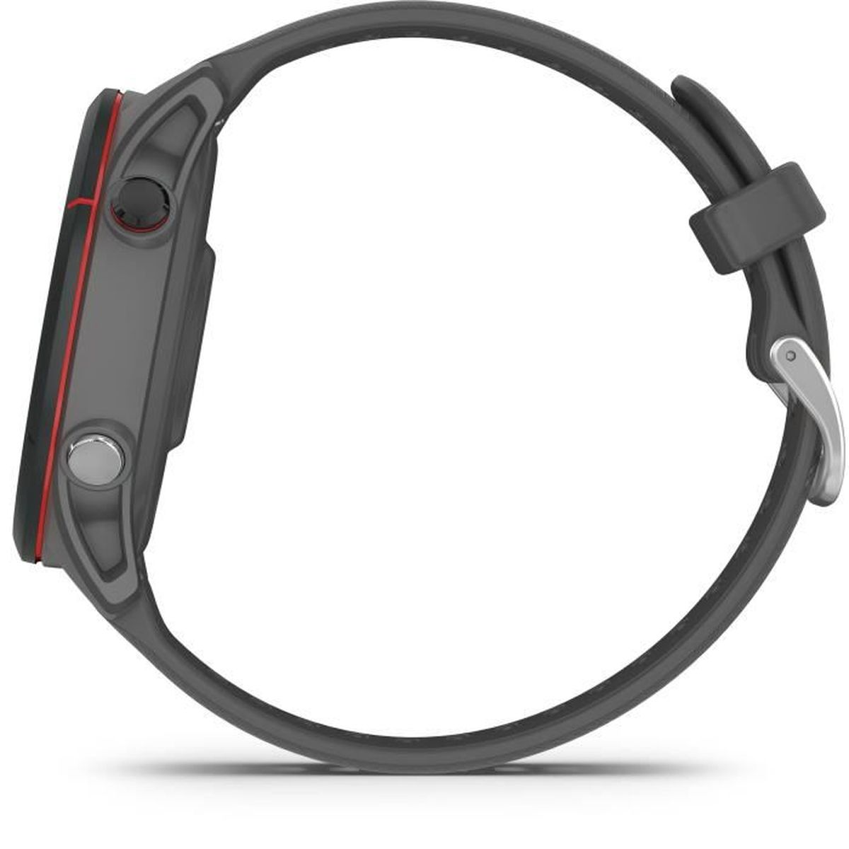 Eine graue Smartwatch mit rotem Akzent. Sie hat drei Knöpfe an der Seite und ein graues Armband.