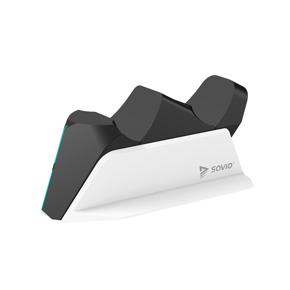 Biało-czarna stacja ładująca kontrolera do gier z logo SAVIO.
