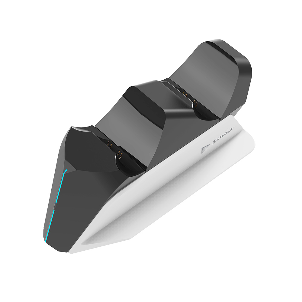 Czarno-biała stacja ładująca do kontrolera gier z logo Savio i niebieskimi akcentami świetlnymi.