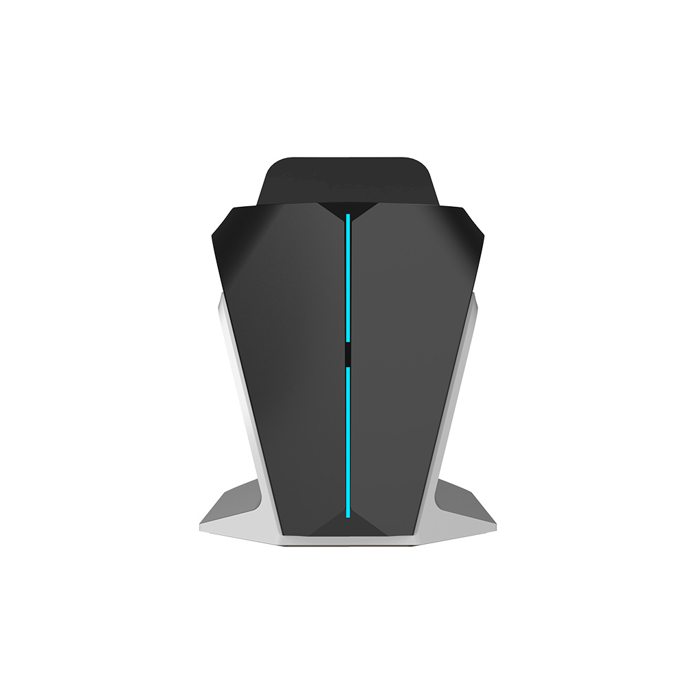 Czarno-biała ładowarka do kontrolera gier z niebieskim pionowym światłem, widok z przodu.