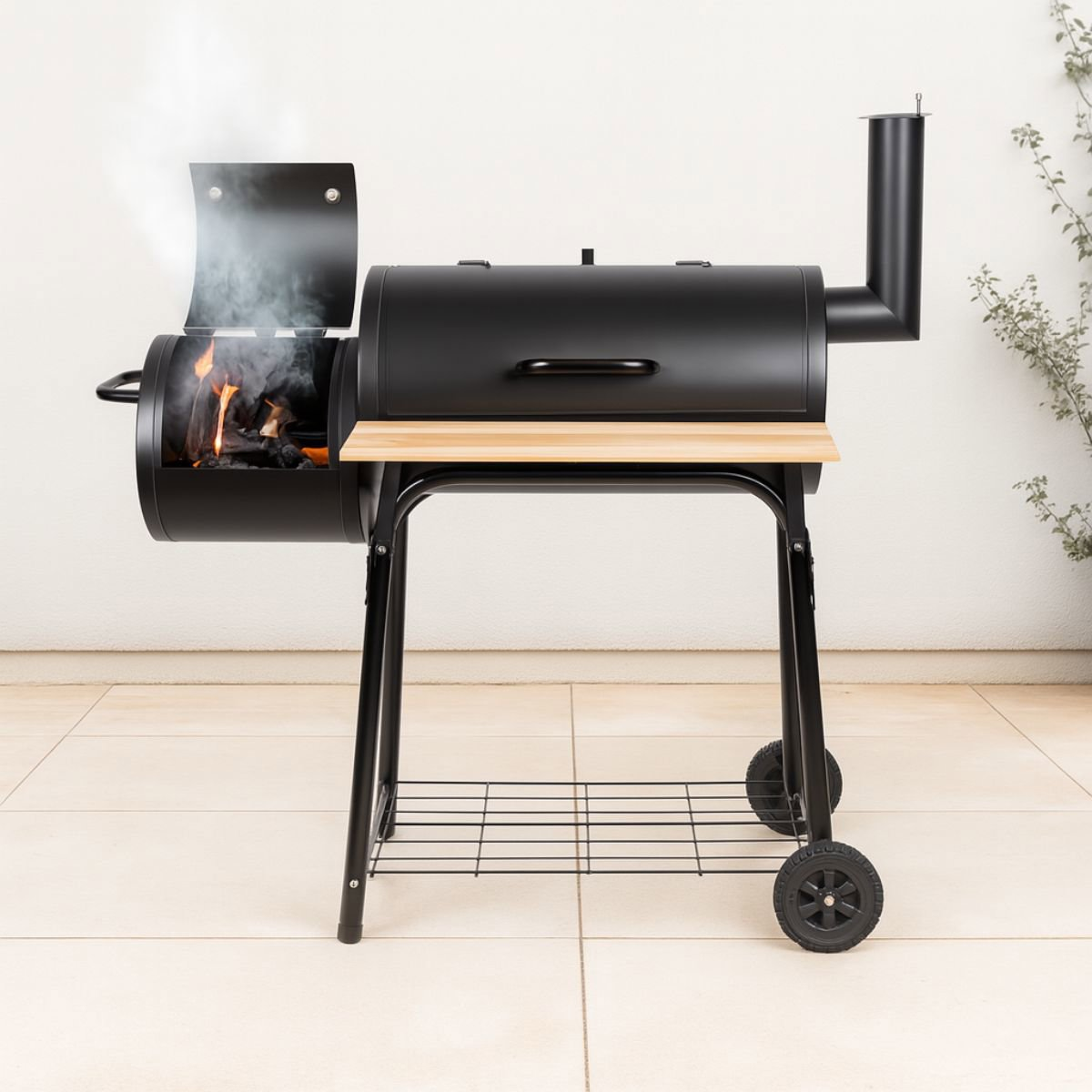 Smoker barbecue met vlammen en rook. Vuur brandt in de smoker, rook komt eruit.