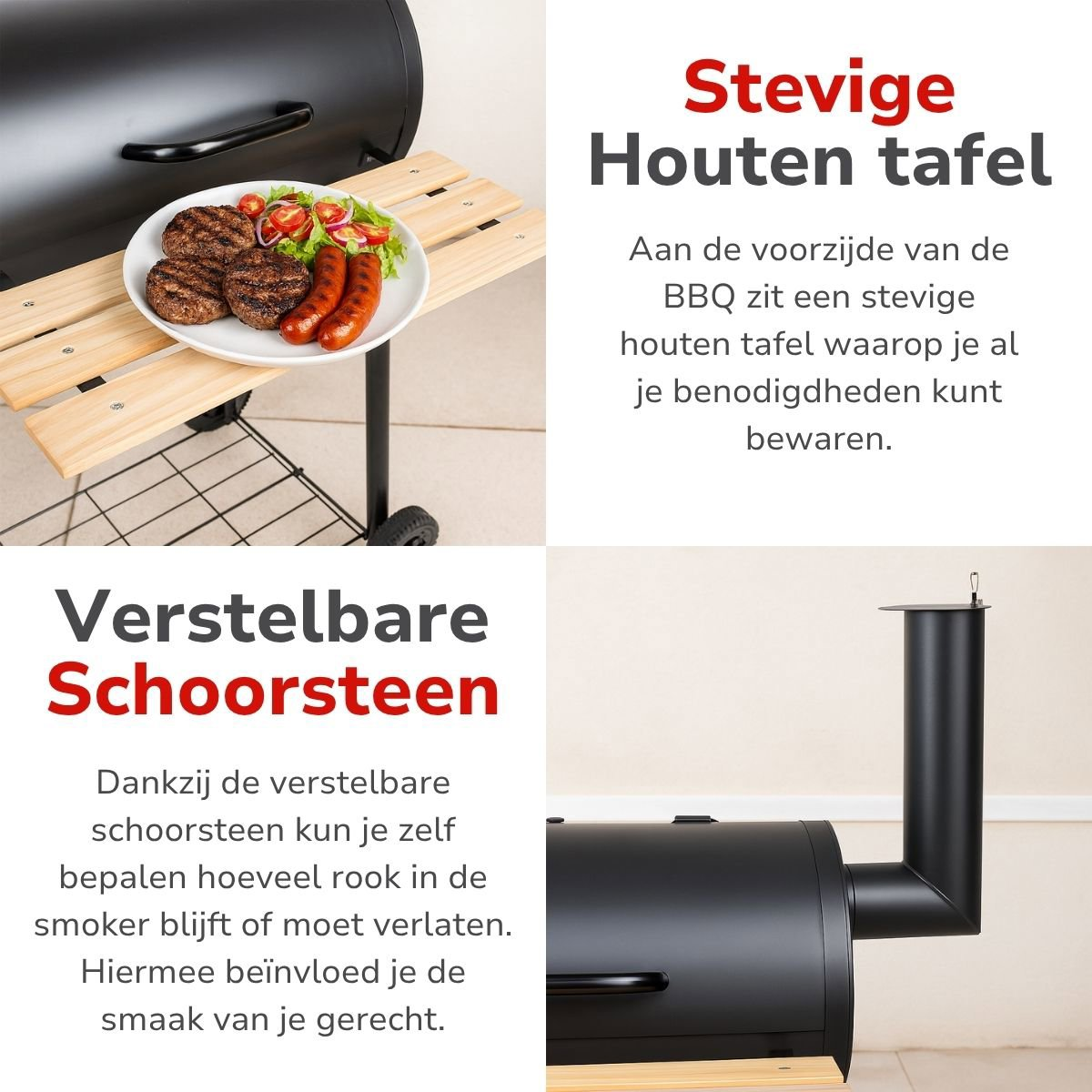 Close-up van een bord met gegrild eten en tekstlabels: tafel en verstelbare schoorsteen.