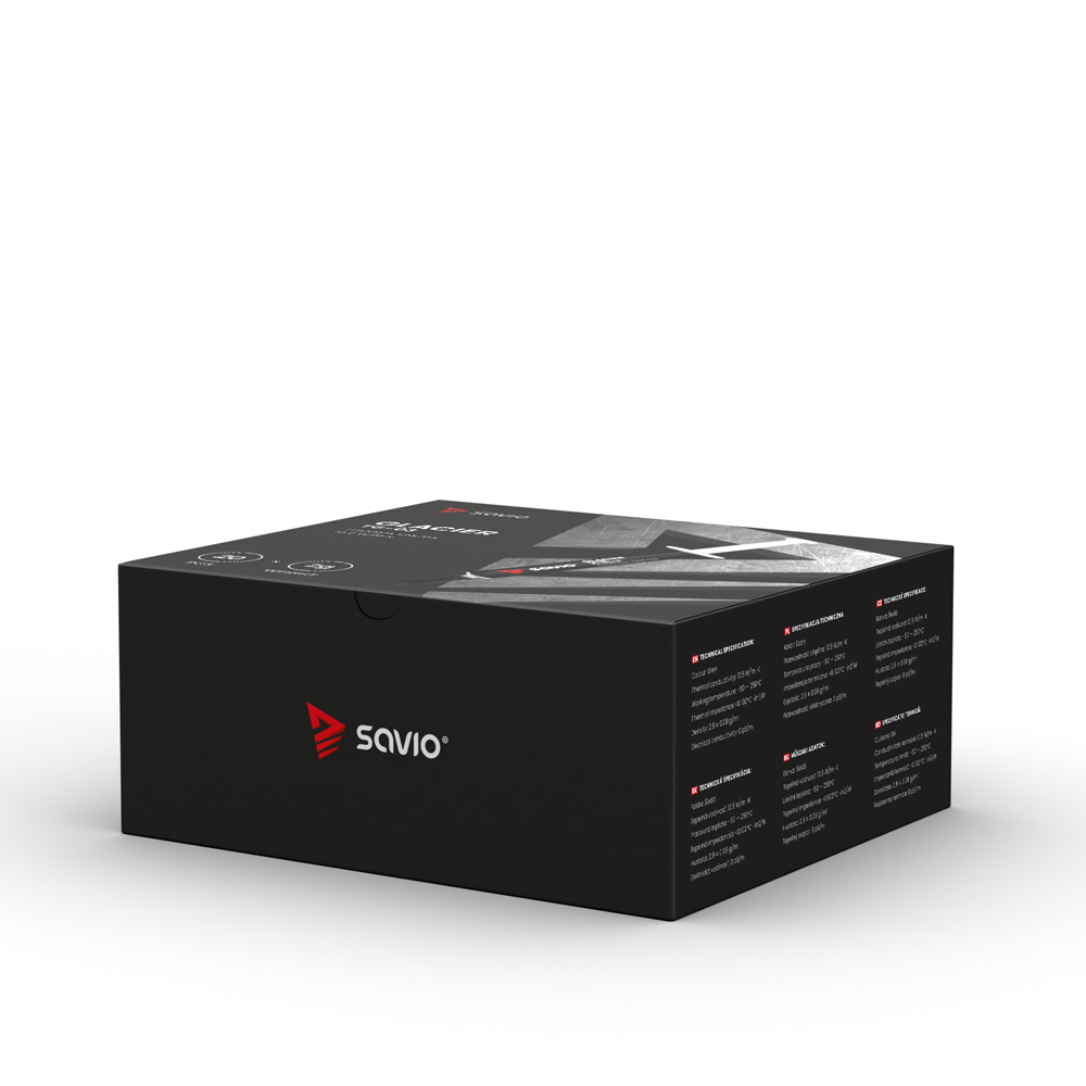 Czarne pudełko Savio z tekstem, szczegółami i czerwonym logo na białym tle.