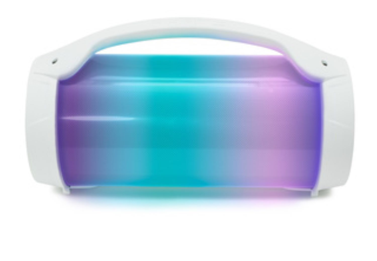 Altavoz blanco y azul con asa sobre fondo blanco. El altavoz se ilumina con múltiples colores.