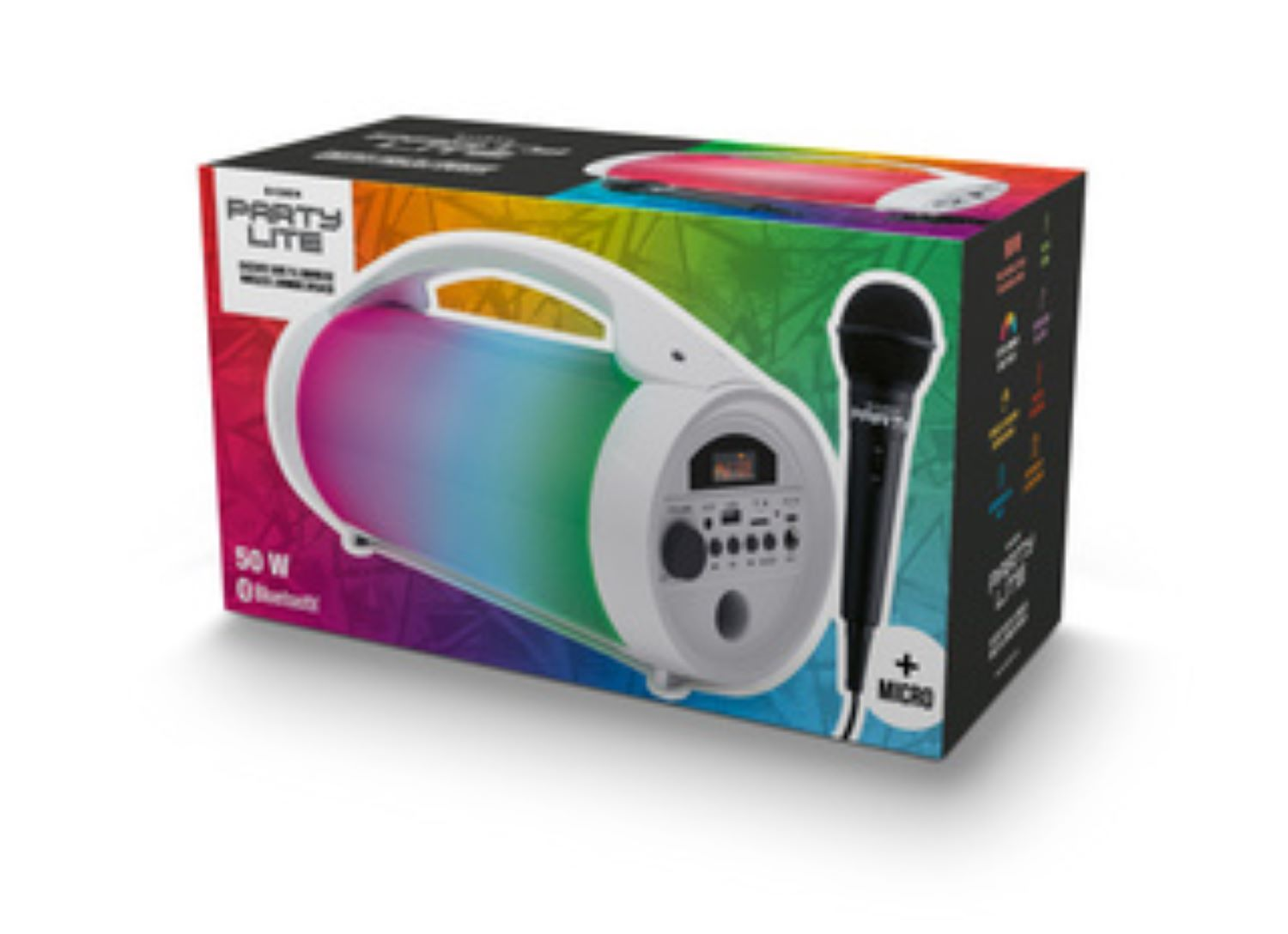 Altavoz de karaoke en caja con asa y micrófono. La caja es colorida con texto e imágenes.