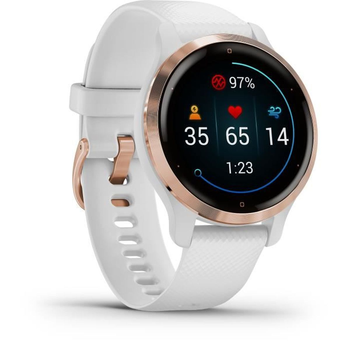 Smartwatch mit weißem Armband und rundem Zifferblatt, das Gesundheits- und Fitnessdaten anzeigt.