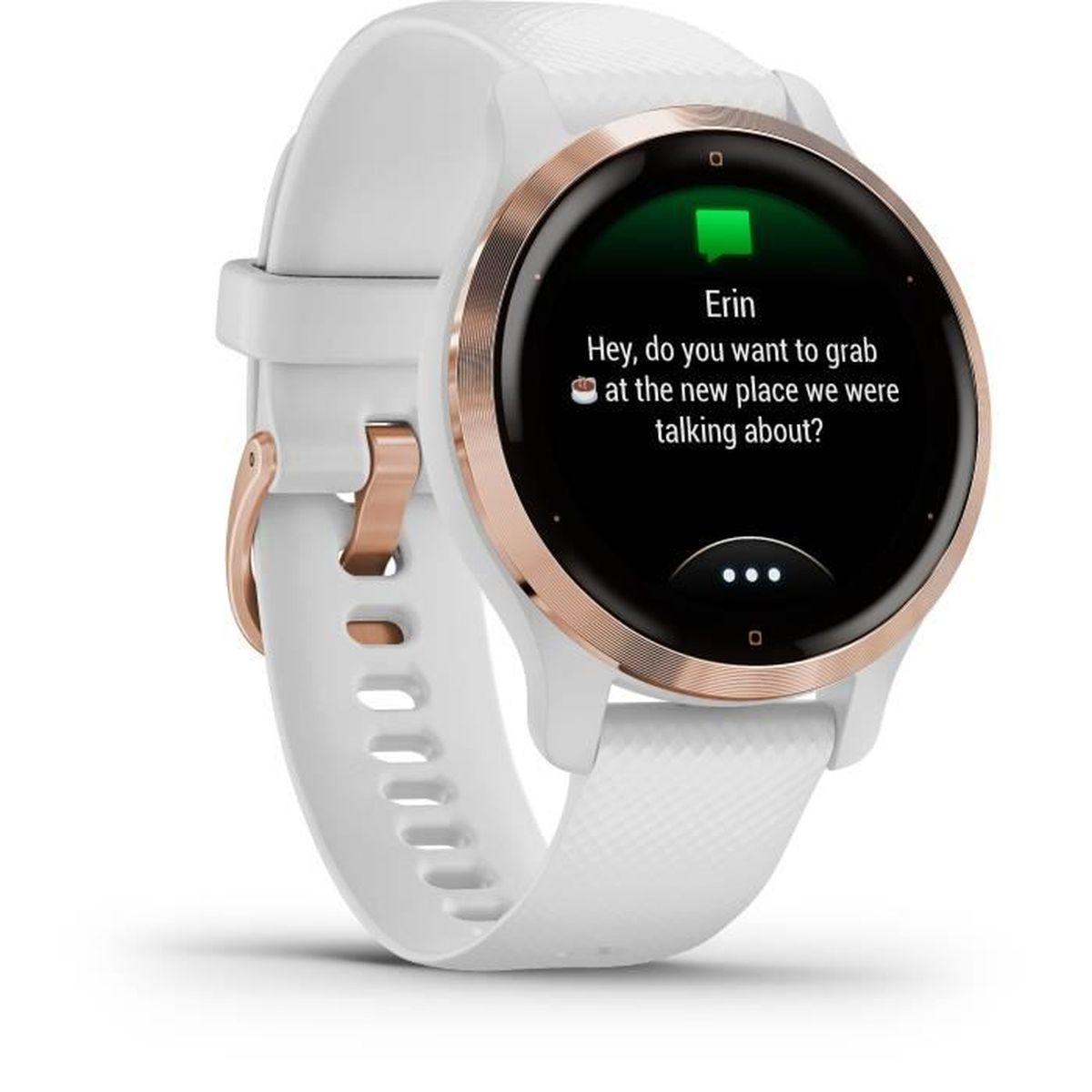 Smartwatch mit weißem Armband und rundem Zifferblatt, das eine Textnachricht anzeigt.