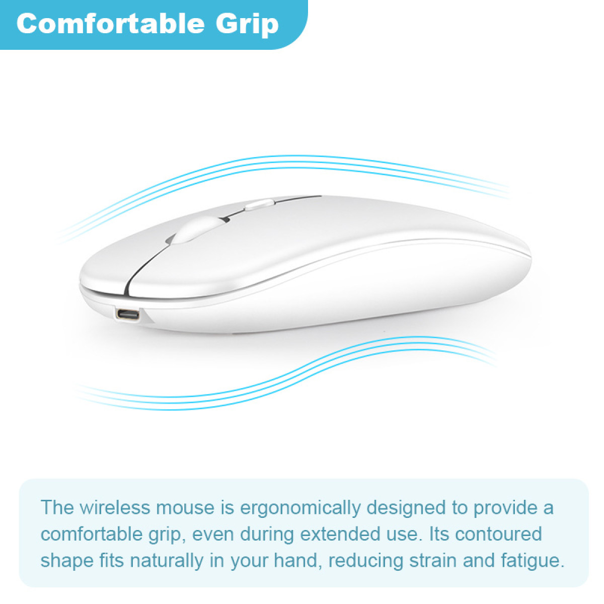 Mouse wireless bianco. L'immagine è incentrata sul mouse, con un contorno blu e testo.