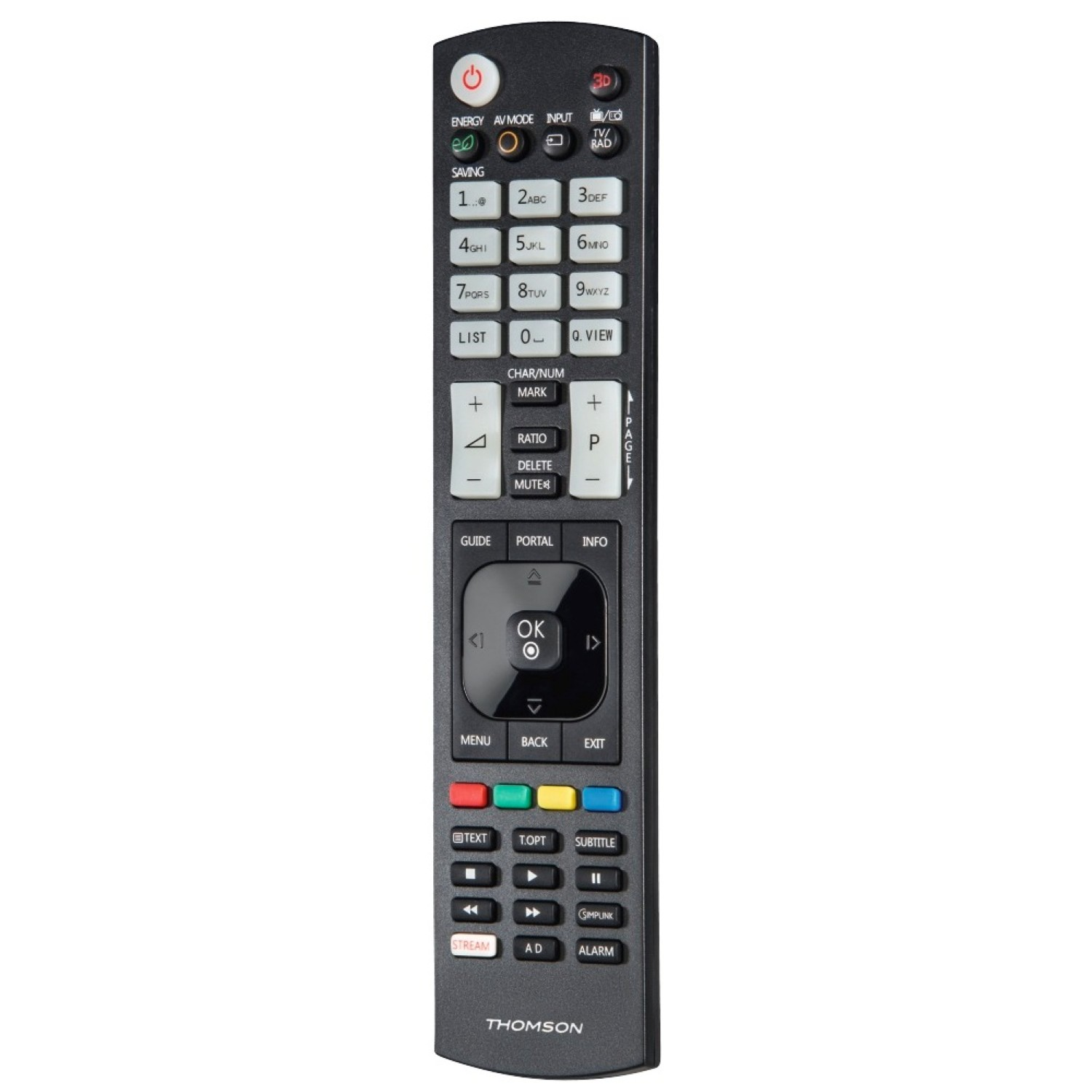 Un telecomando TV Thomson nero con molti pulsanti, inclusi tasti numerici, volume, controlli dei canali e un pulsante di accensione.