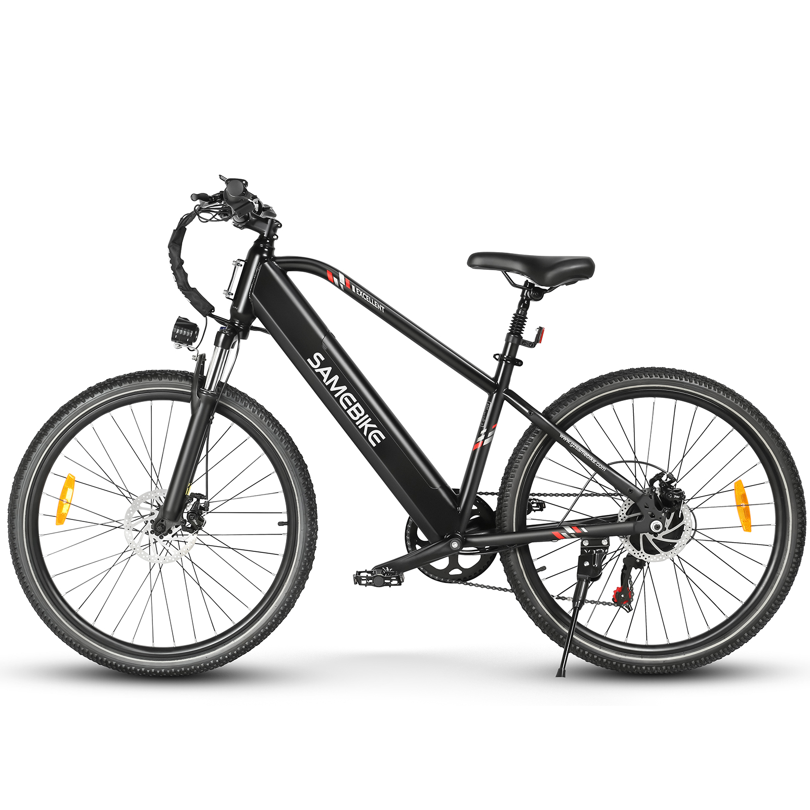 Czarny rower elektryczny SAMEBIKE. Czarne opony, bateria i reflektor.