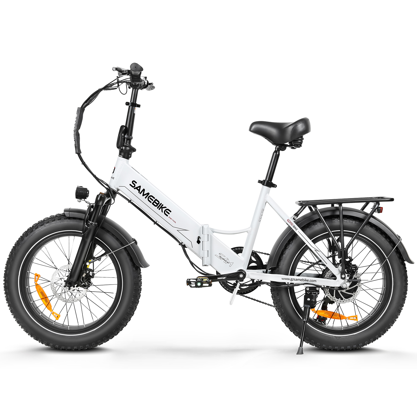 Bicicleta eléctrica Samebike blanca, plegada. Llantas gruesas, portaequipajes trasero y reflectores naranjas.