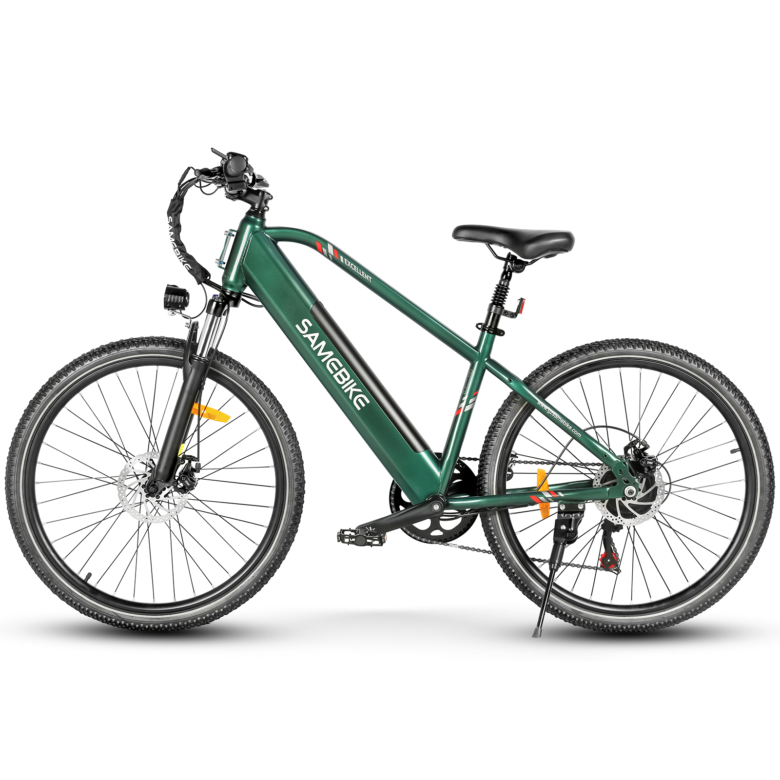 Zielony e-rower SAMEBIKE z czarnym siedzeniem i oponami. Rower jest skierowany w prawo i ma białe tło.