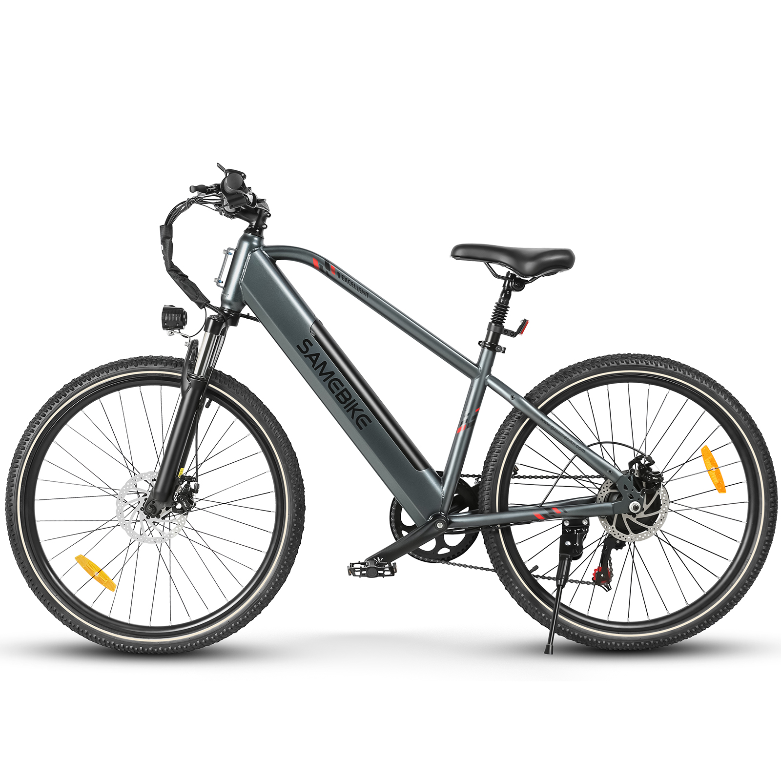 Szary rower elektryczny Samebike z czarnymi oponami, siodełkiem i kierownicą na białym tle. Czerwone akcenty i podpórka.