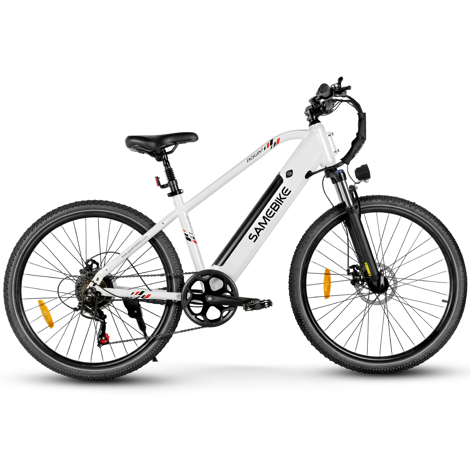 Biały e-rower SAMEBIKE z czarnym siedzeniem i oponami. Rower jest skierowany w prawo i ma białe tło.