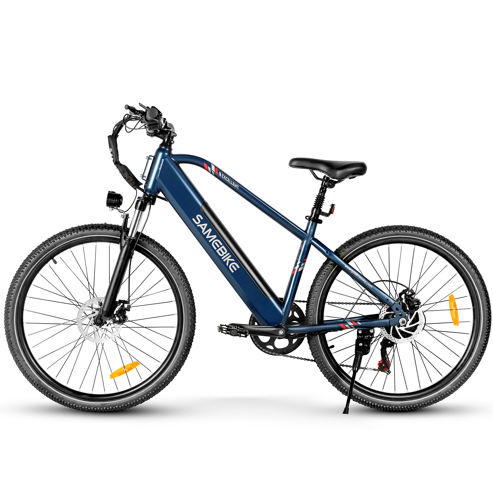 Niebieski rower elektryczny Samebike z czarnymi oponami, siodełkiem i kierownicą na białym tle. Czerwone akcenty.