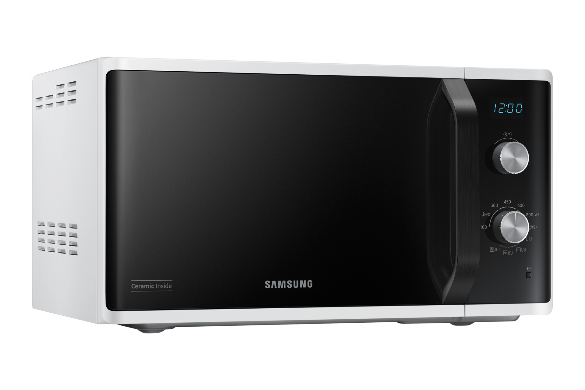 Biała kuchenka mikrofalowa Samsung z czarnymi drzwiami i panelem sterowania. Wyświetlacz pokazuje 12:00.