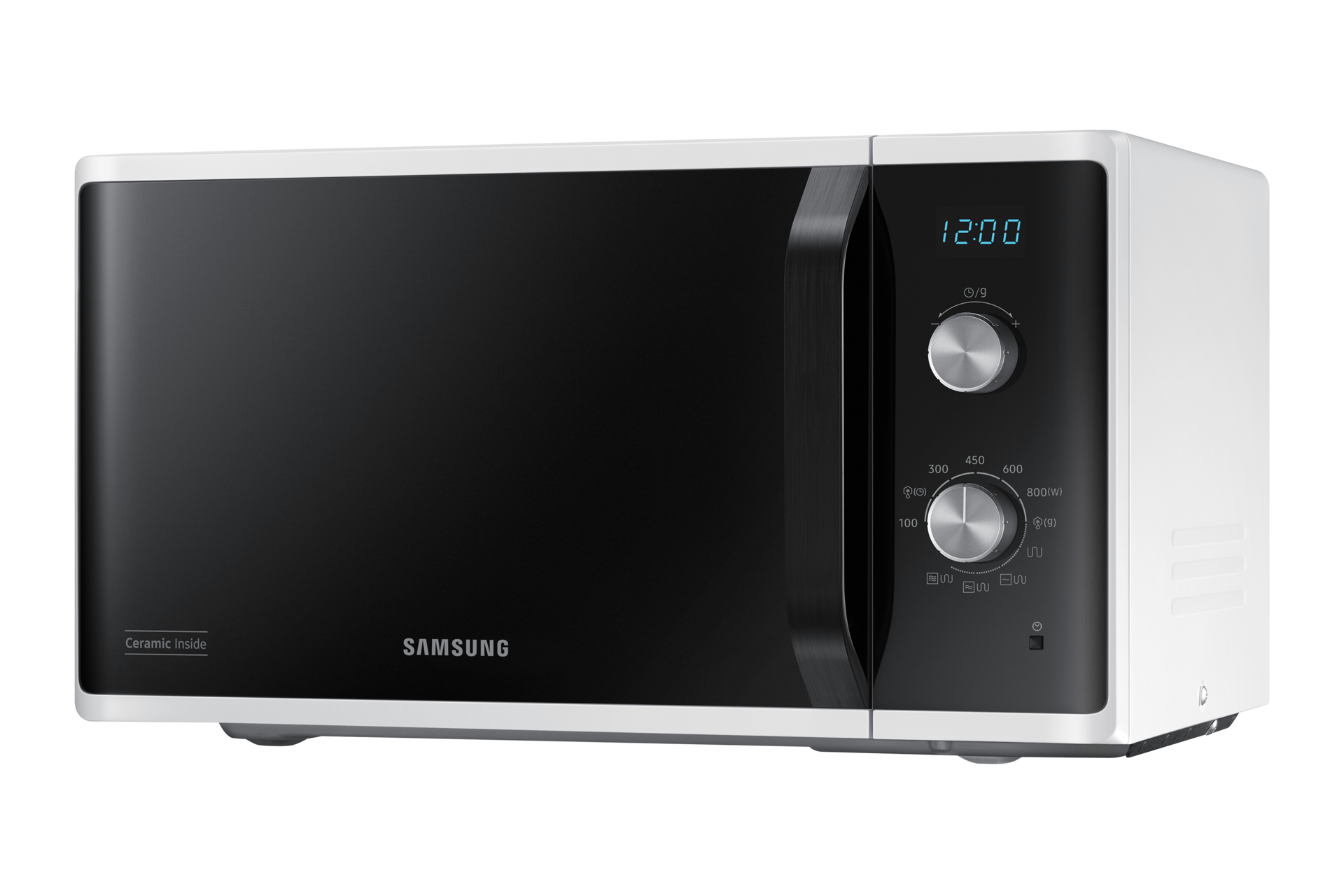 Biało-czarna kuchenka mikrofalowa z cyfrowym wyświetlaczem zegara na ciemnym tle.