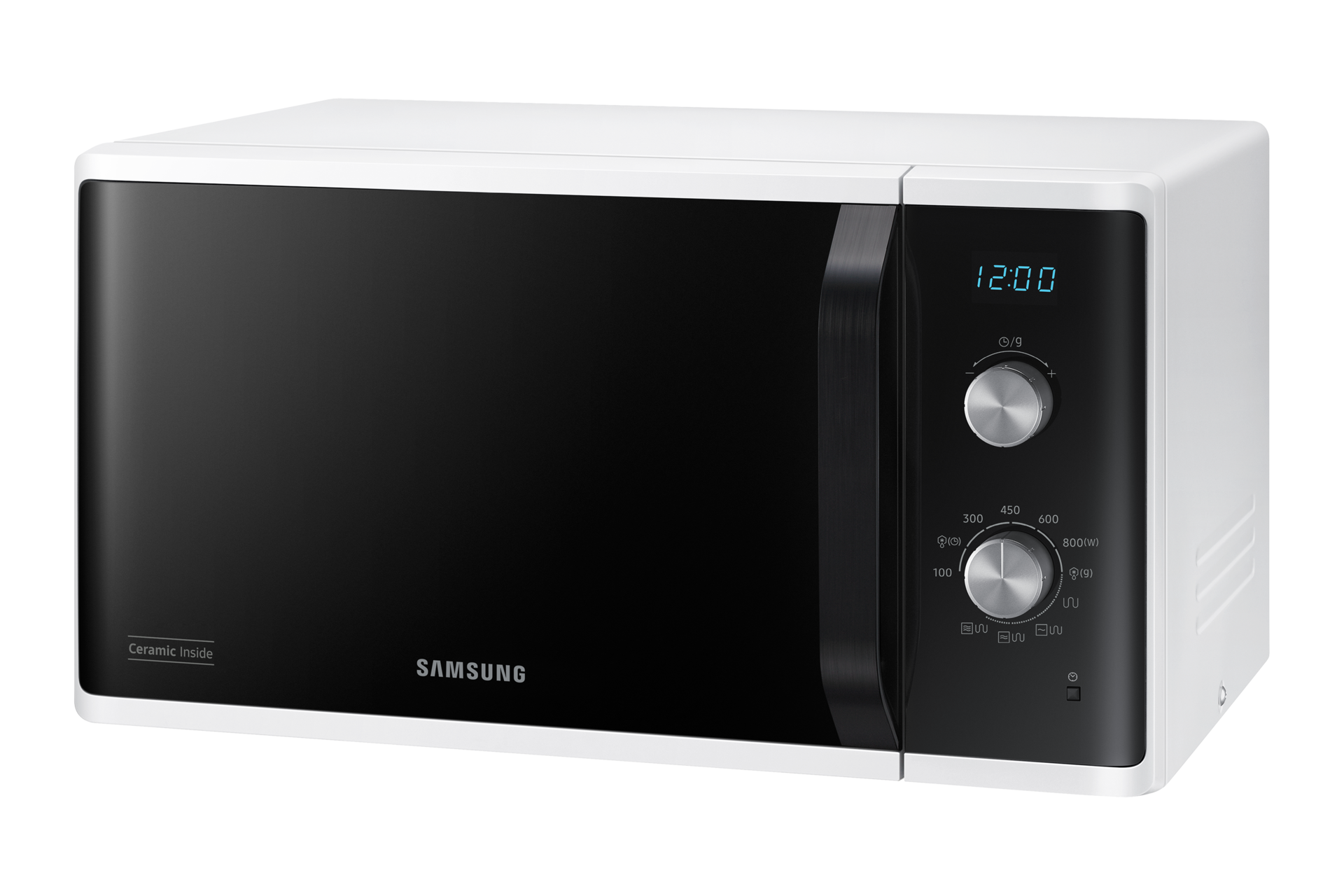 Biała kuchenka mikrofalowa Samsung z czarnymi drzwiami i panelem sterowania. Wyświetlacz pokazuje 12:00.